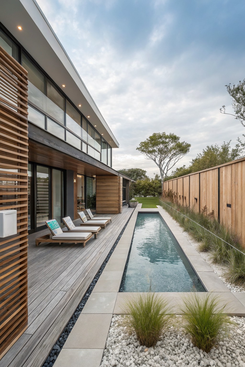 A modern house exterior with a long narrow lap pool running parallel to a tall vertical wood privacy fence on a narrow lot.