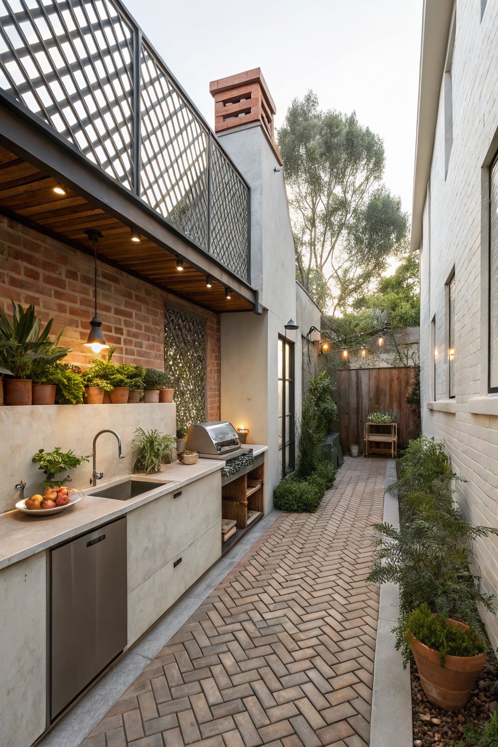 A narrow townhouse backyard shows a concrete outdoor kitchen built against a brick wall, with a central brick path and potted plants along the right side.