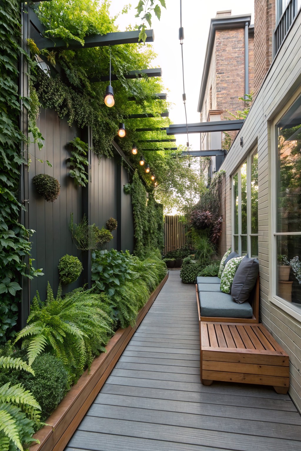 A narrow backyard deck with a built-in wooden bench, surrounded by dense green plants growing on dark walls and in raised beds.