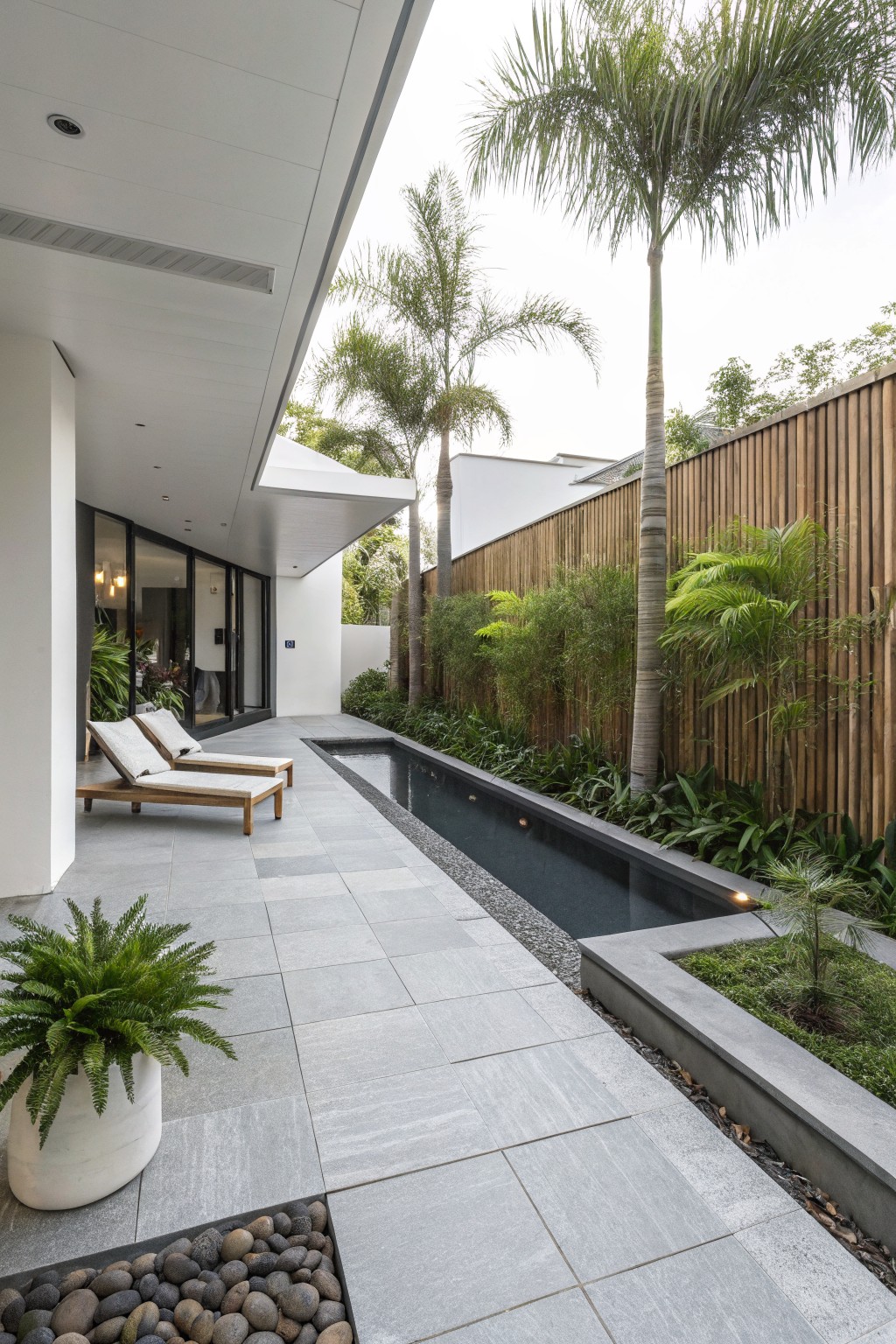 A modern outdoor patio with gray stone tiles, two wooden lounge chairs, a narrow rectangular pool bordered by tropical plants and a wooden fence, and a potted fern in the foreground.
