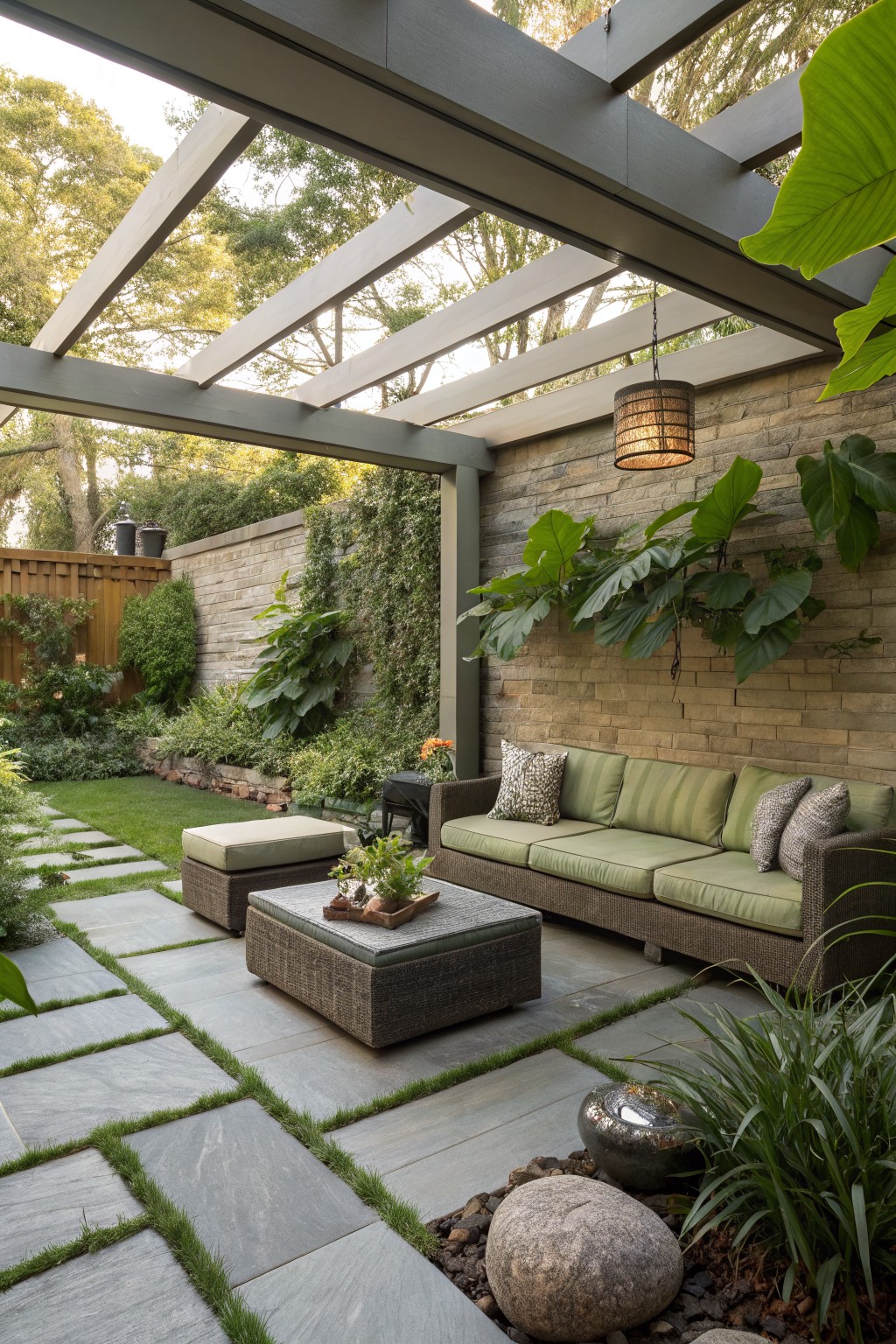 A covered outdoor patio with a wicker sofa, stone wall, large tropical leaves, and stone pavers mixed with grass strips.