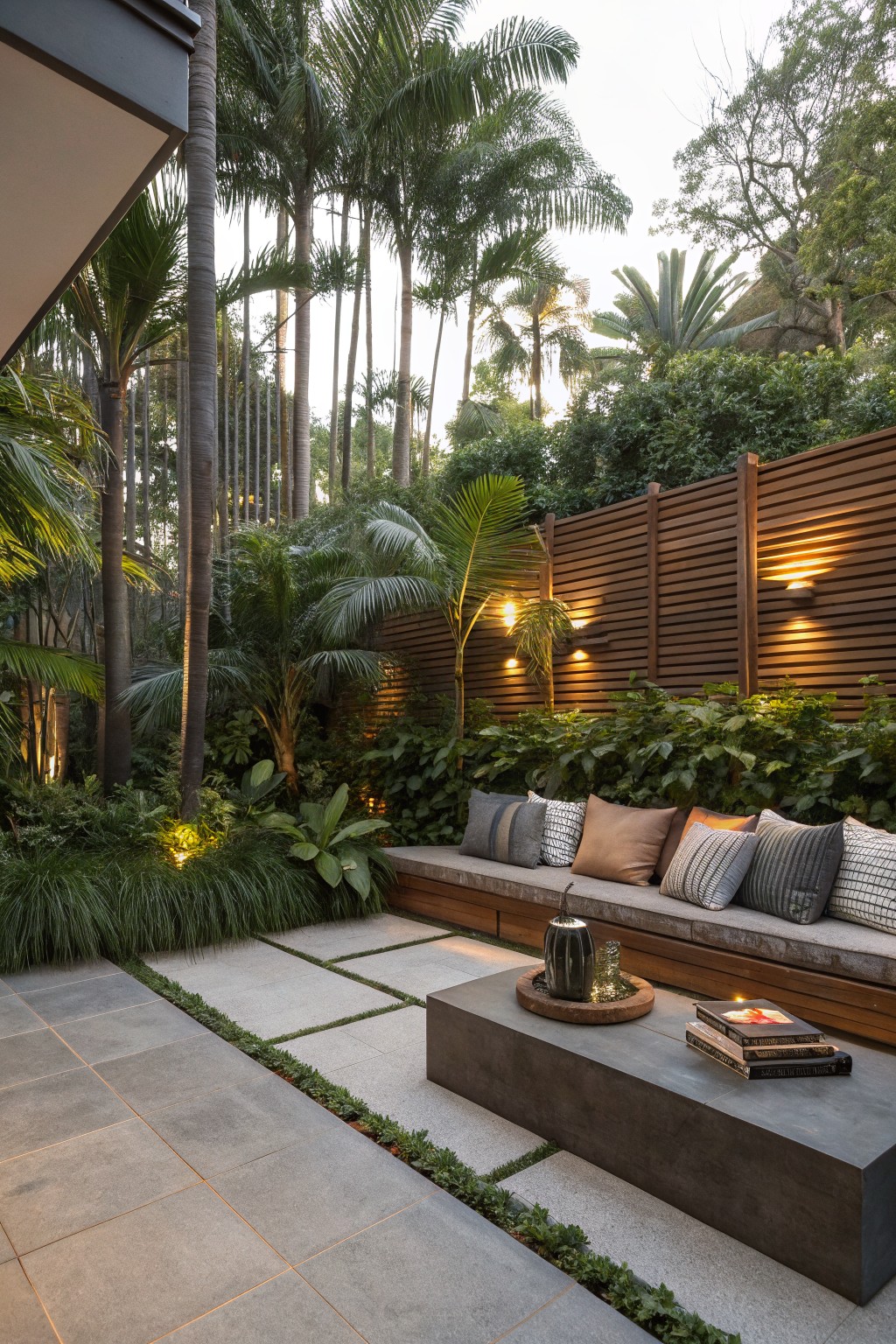 Modern tropical patio with cushioned wooden bench, concrete table, and palm trees at dusk