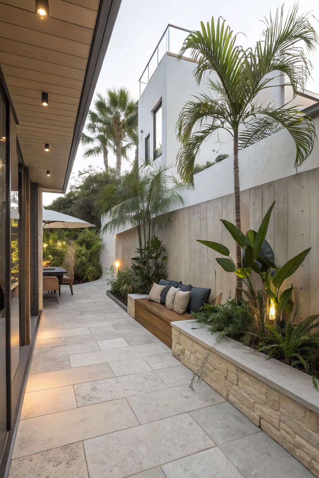 A paved stone walkway runs beside a built-in wooden bench with cushions set against a low stone retaining wall lined with tropical plants and palm trees.