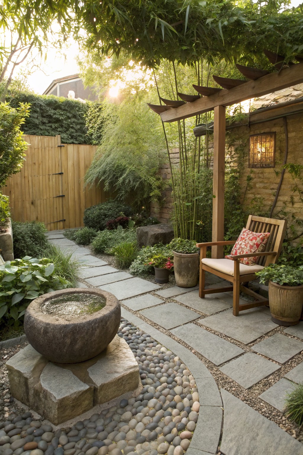 A small backyard garden with a curved stone paver path bordered by pebbles, a large stone water basin on a rock base, bamboo plants, and a wooden chair under a pergola.