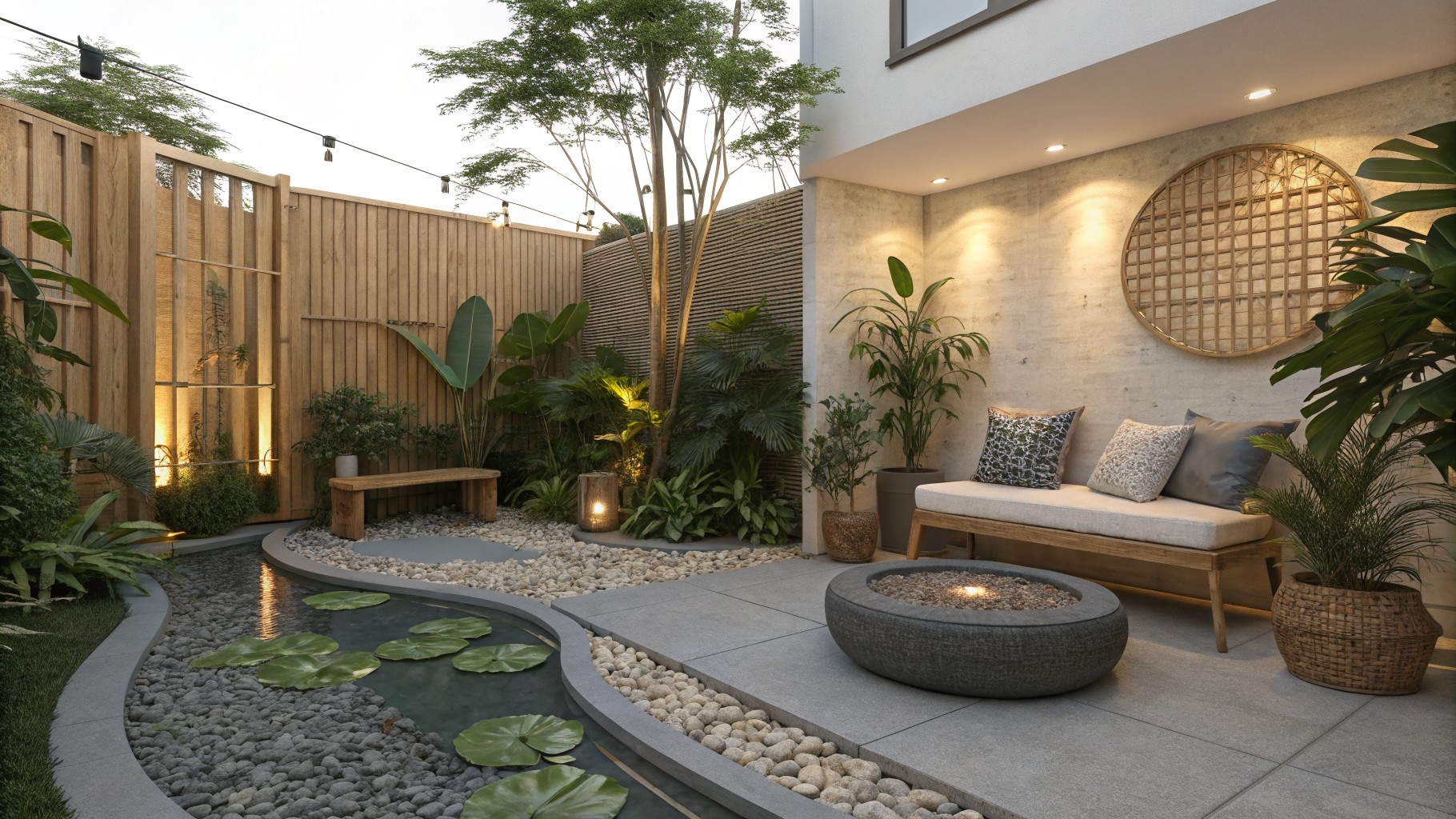 A small backyard water feature edged with gray pebbles and stepping stones, surrounded by large tropical plants and a bamboo fence with a wooden bench.