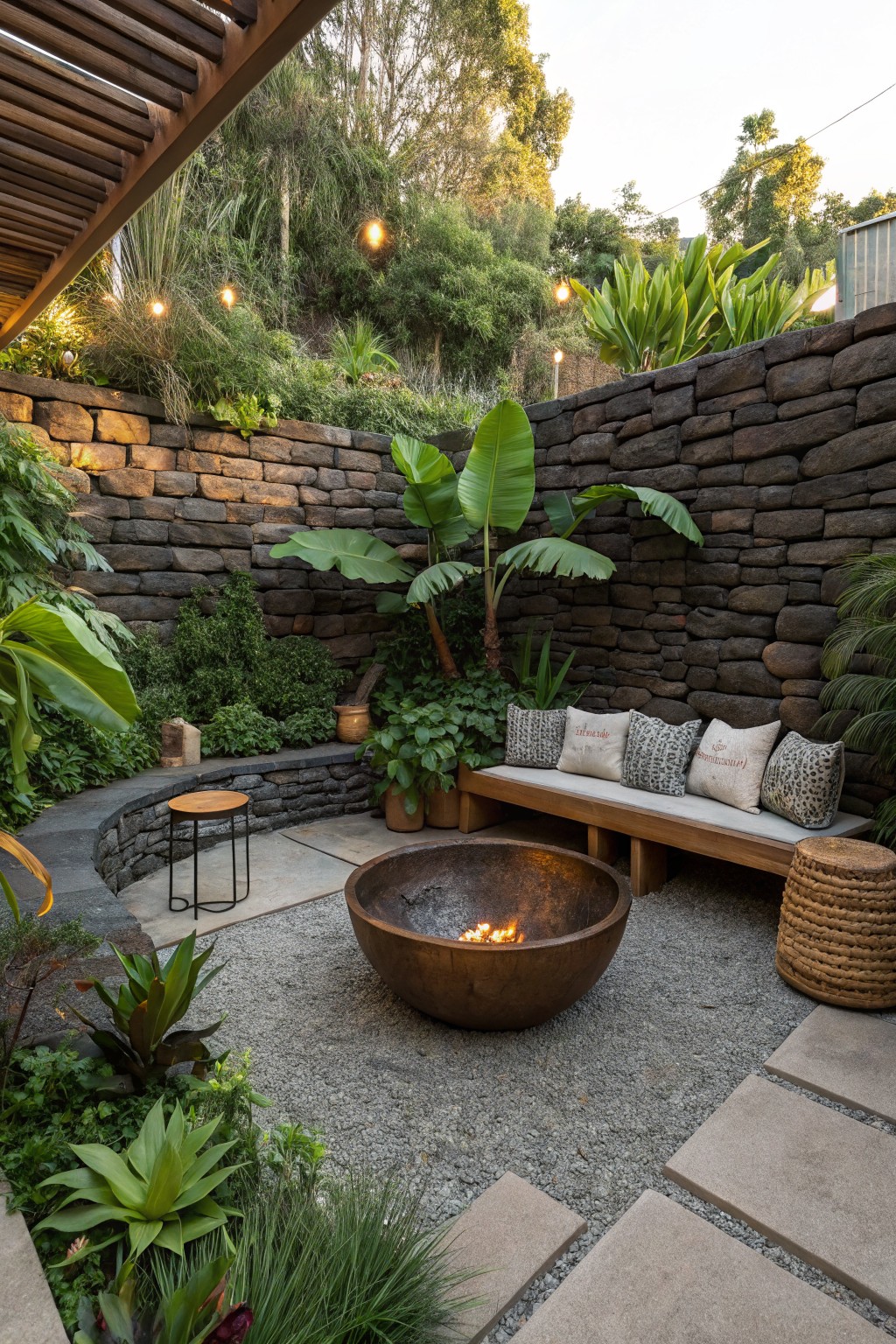 A backyard patio with a large metal fire bowl on gravel, a wooden bench with cushions, tropical plants, and a tall stone wall.