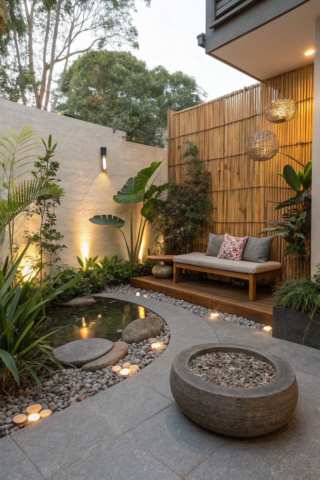 A small backyard water feature edged with gray pebbles and stepping stones, surrounded by large tropical plants and a bamboo fence with a wooden bench.