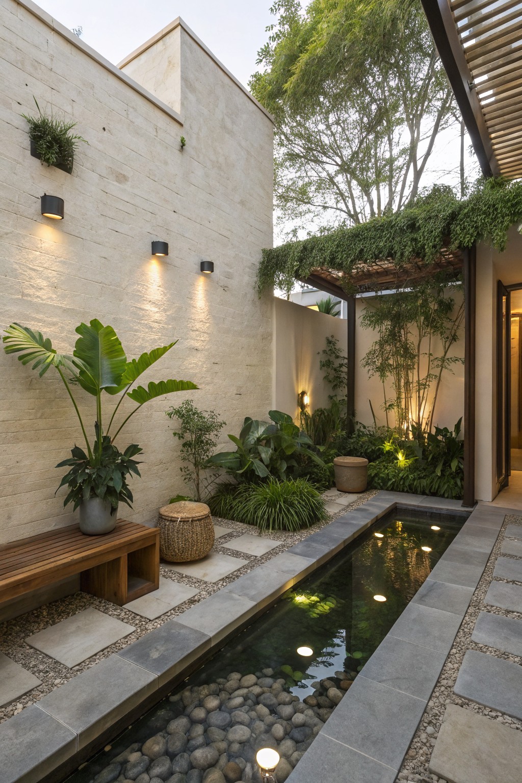 Modern courtyard with narrow illuminated pool, stone walls, wooden bench and lush plants.