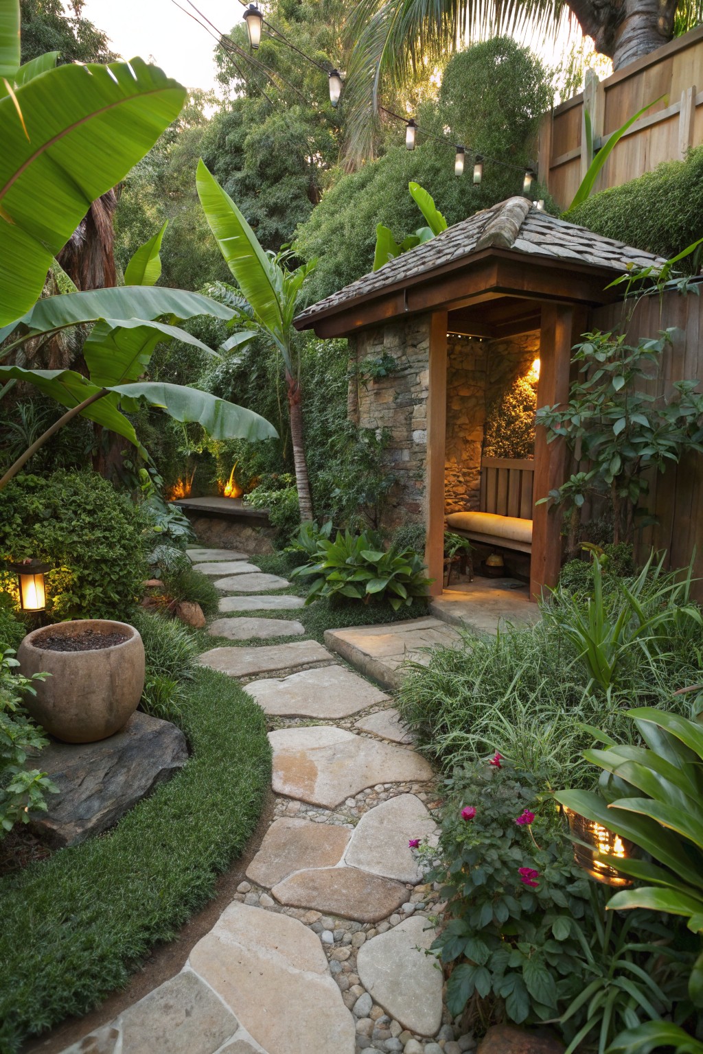 A winding flagstone path leads through dense tropical plants toward a small stone and wood shelter with a bench.