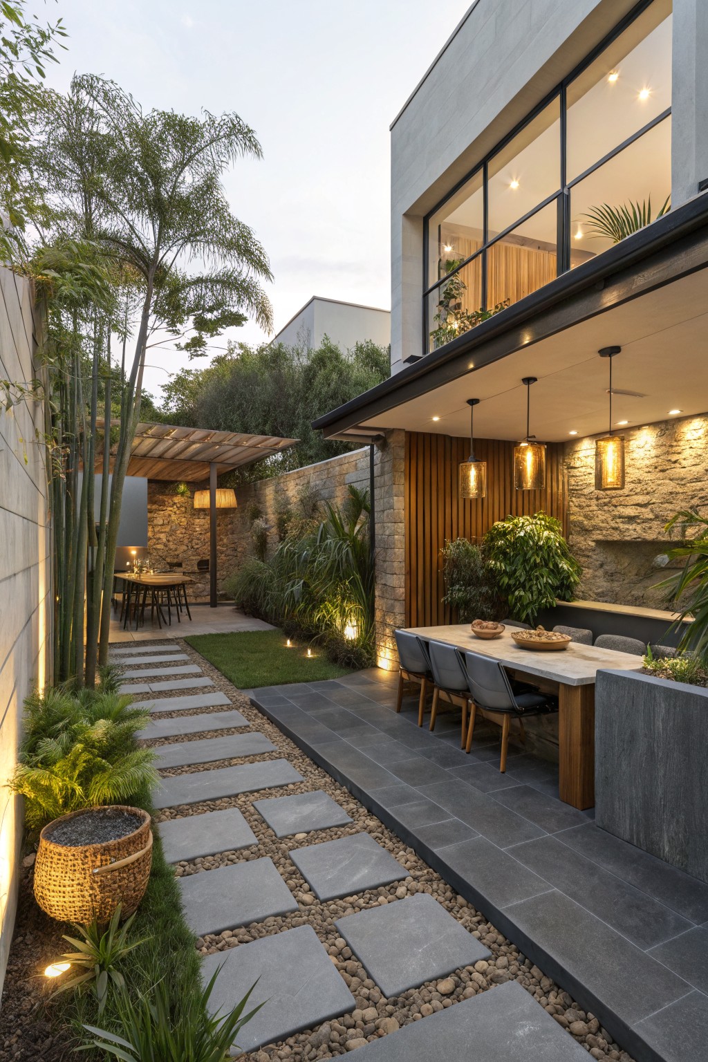 Modern patio with dining table, pendant lights, stone path, and lush plants