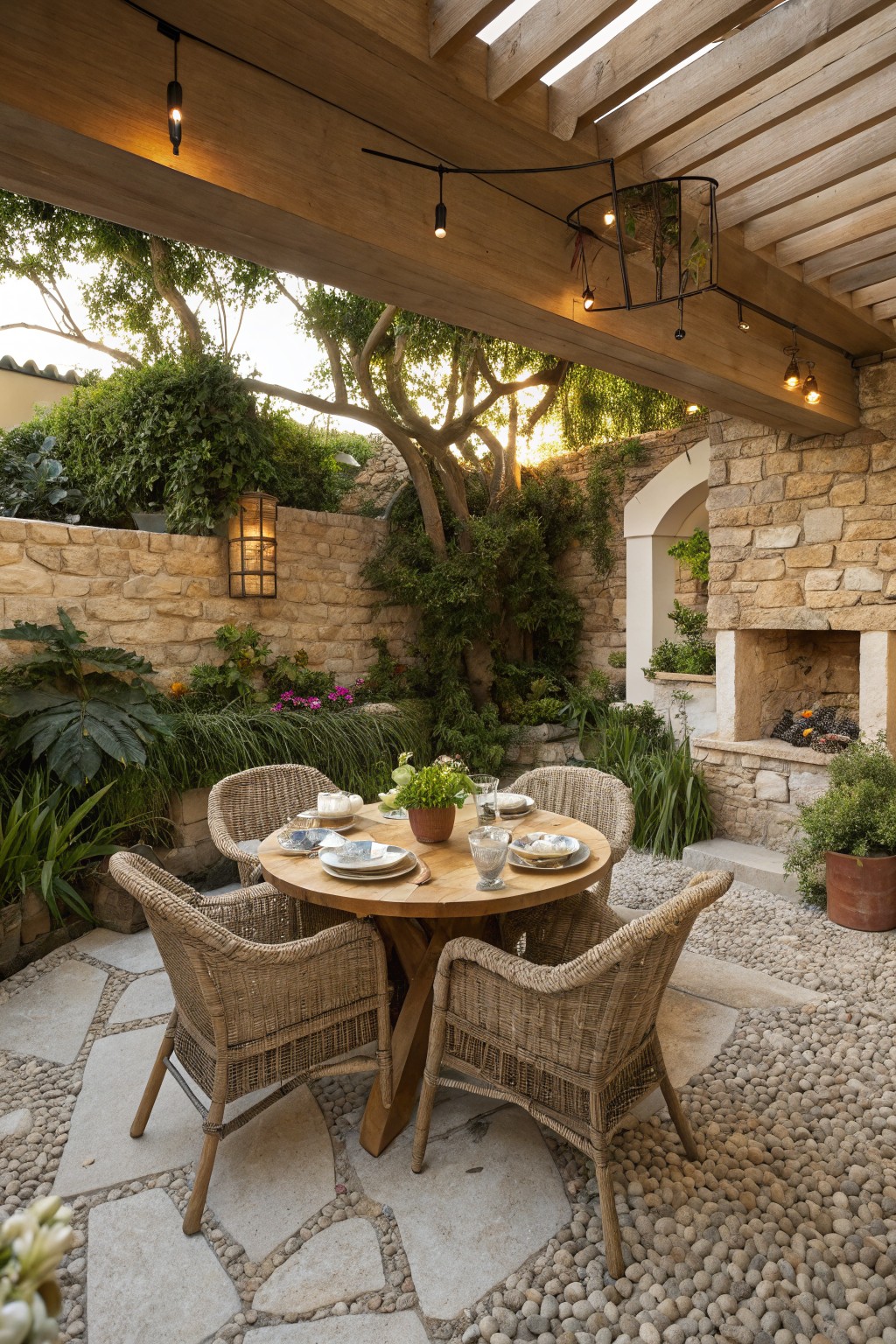 Rustic patio with round wooden table, wicker chairs, stone walls, and lush greenery.