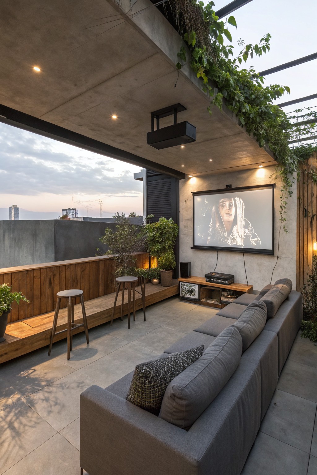 An outdoor terrace with a gray sectional sofa facing a large projector screen mounted on a concrete wall, next to a wooden bench and stools.