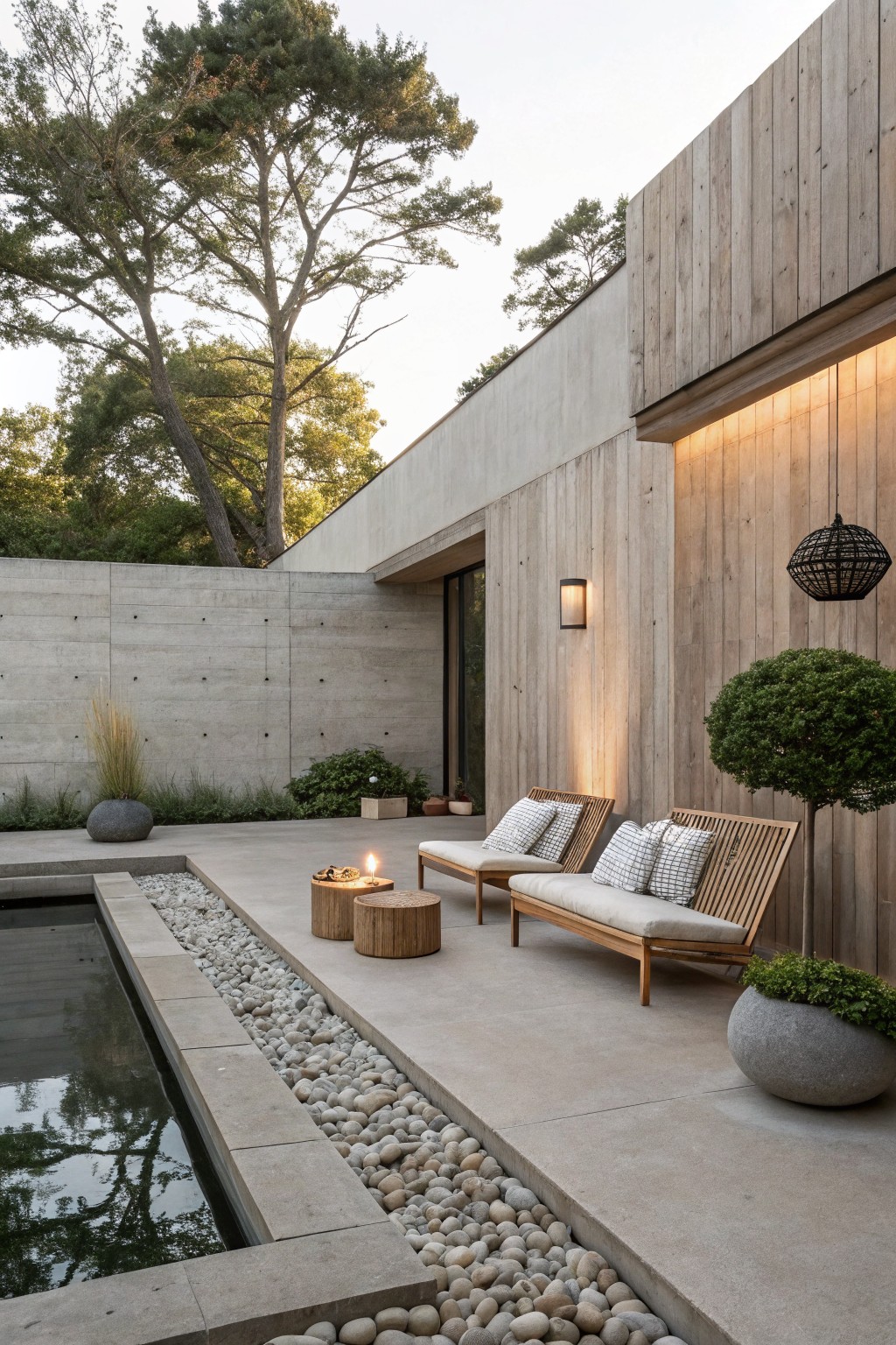 A modern outdoor patio with smooth concrete flooring, two wooden lounge chairs with cushions, a linear water feature lined with pebbles, and a building wall of wood and concrete.