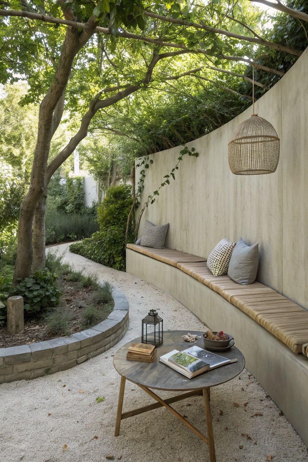 Curved built-in bench with wood seat and cushions against a concrete wall, next to a round wood table on a gravel patio with trees overhead.