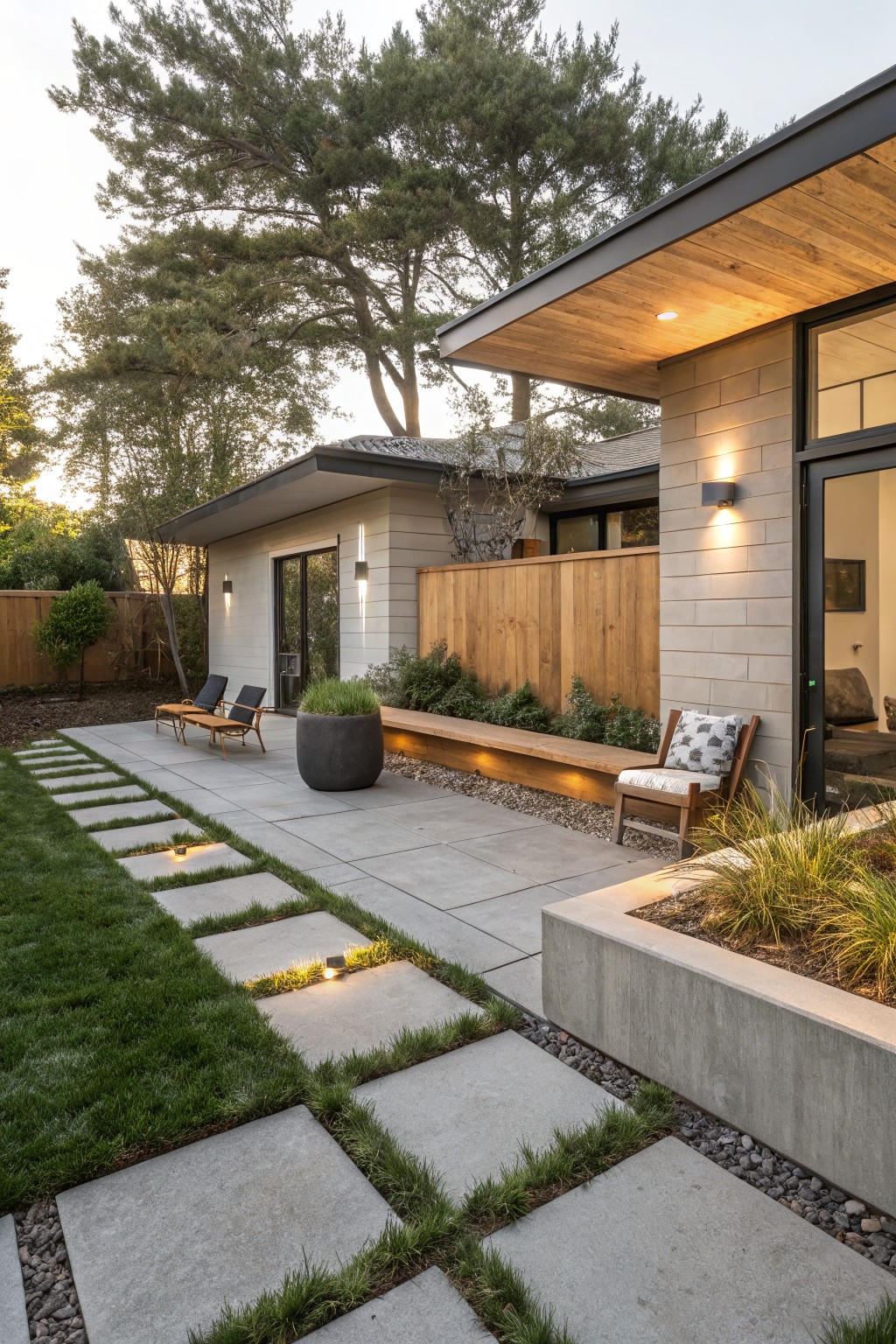 Modern backyard patio with concrete pavers, wooden bench, lounge chairs, and path lights