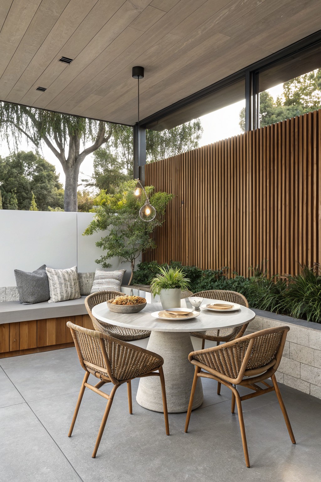 A round concrete dining table with a pedestal base sits on a covered patio, surrounded by four woven chairs and a built-in bench with cushions against a white wall.