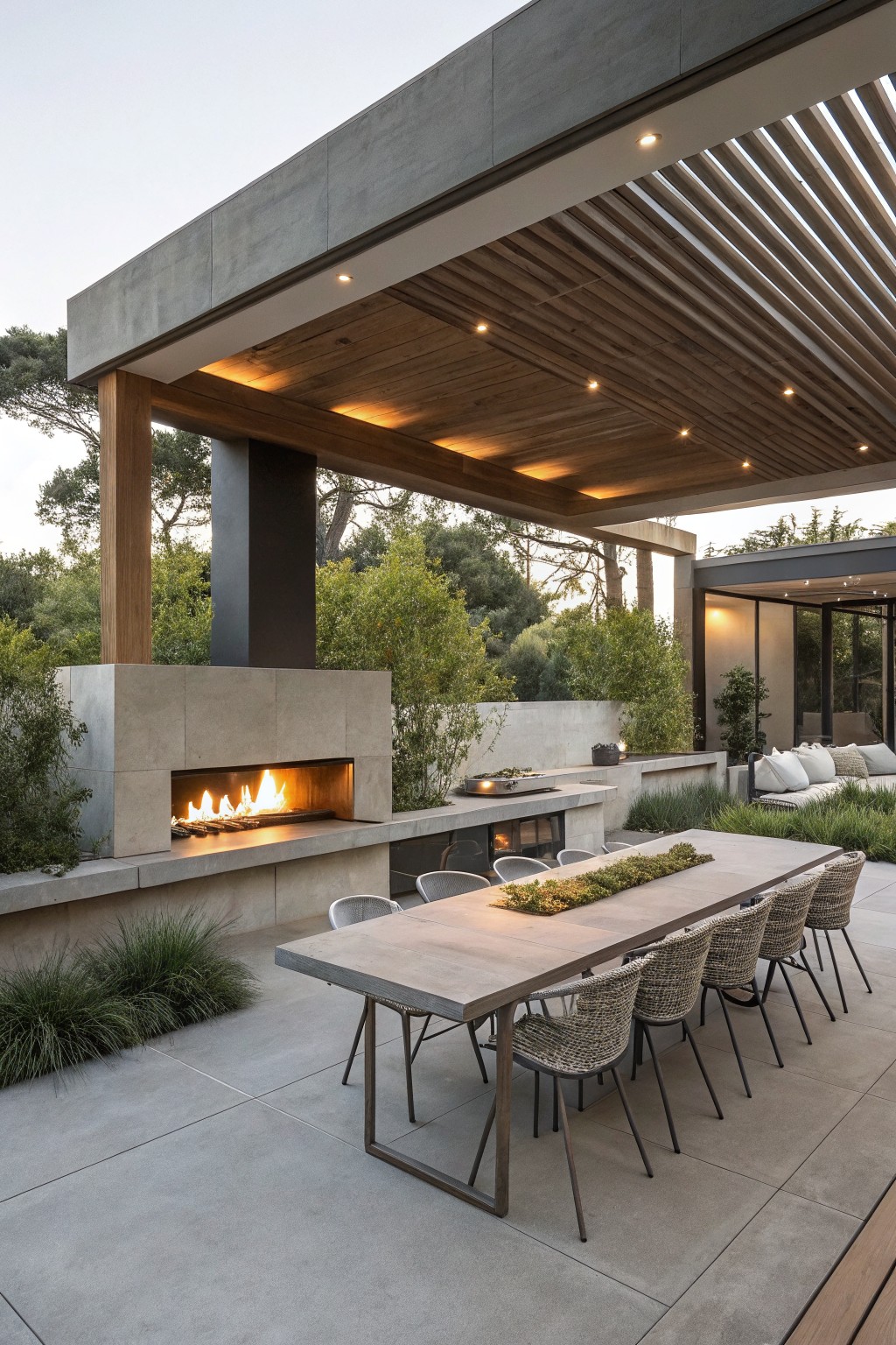 A covered outdoor patio features a long concrete dining table with woven chairs positioned next to a built-in concrete fireplace, all under a wood and concrete ceiling structure with surrounding greenery.