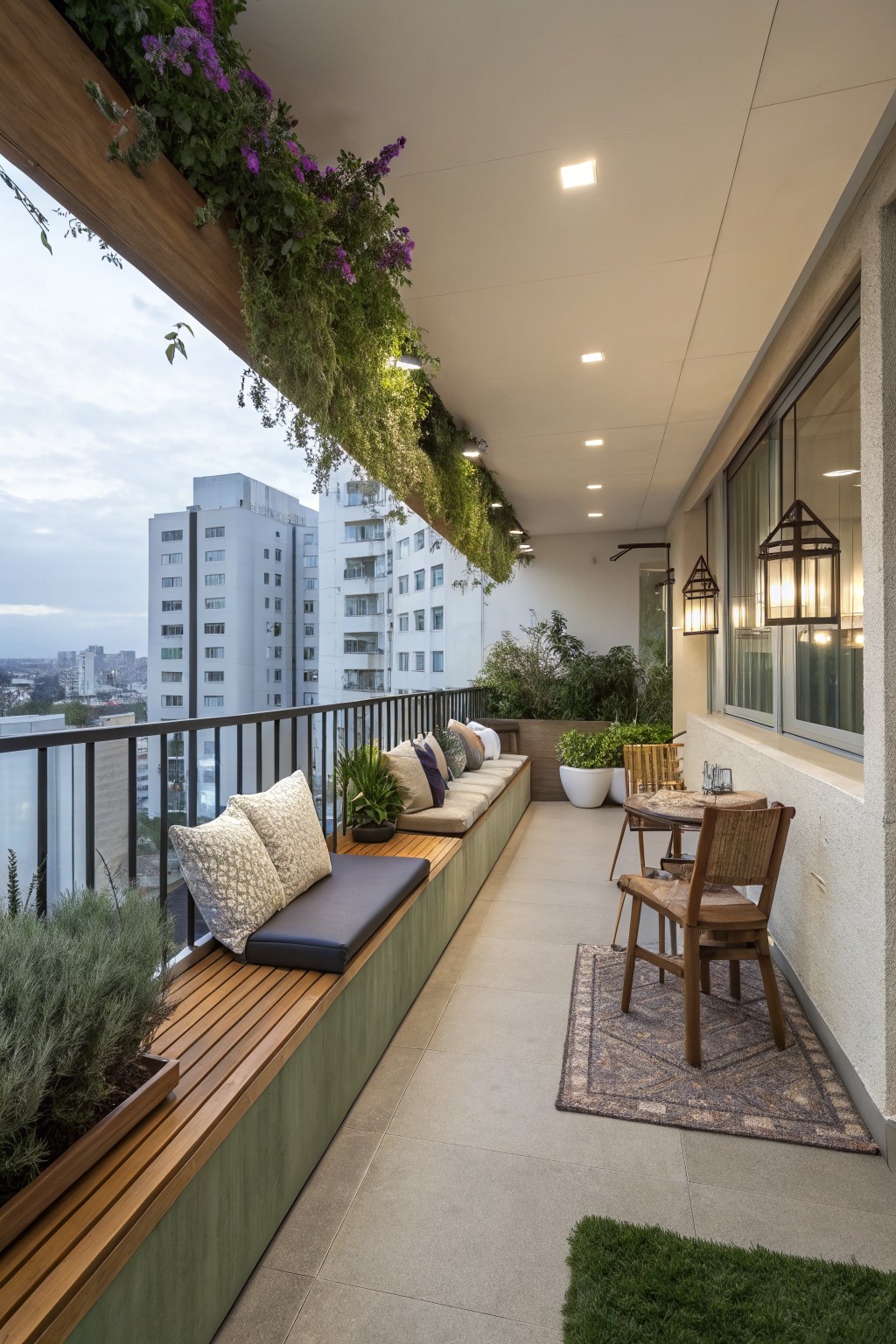 A long balcony with built-in wooden bench seating, green planters, a small dining table on a patterned rug, and hanging lights along the wall.