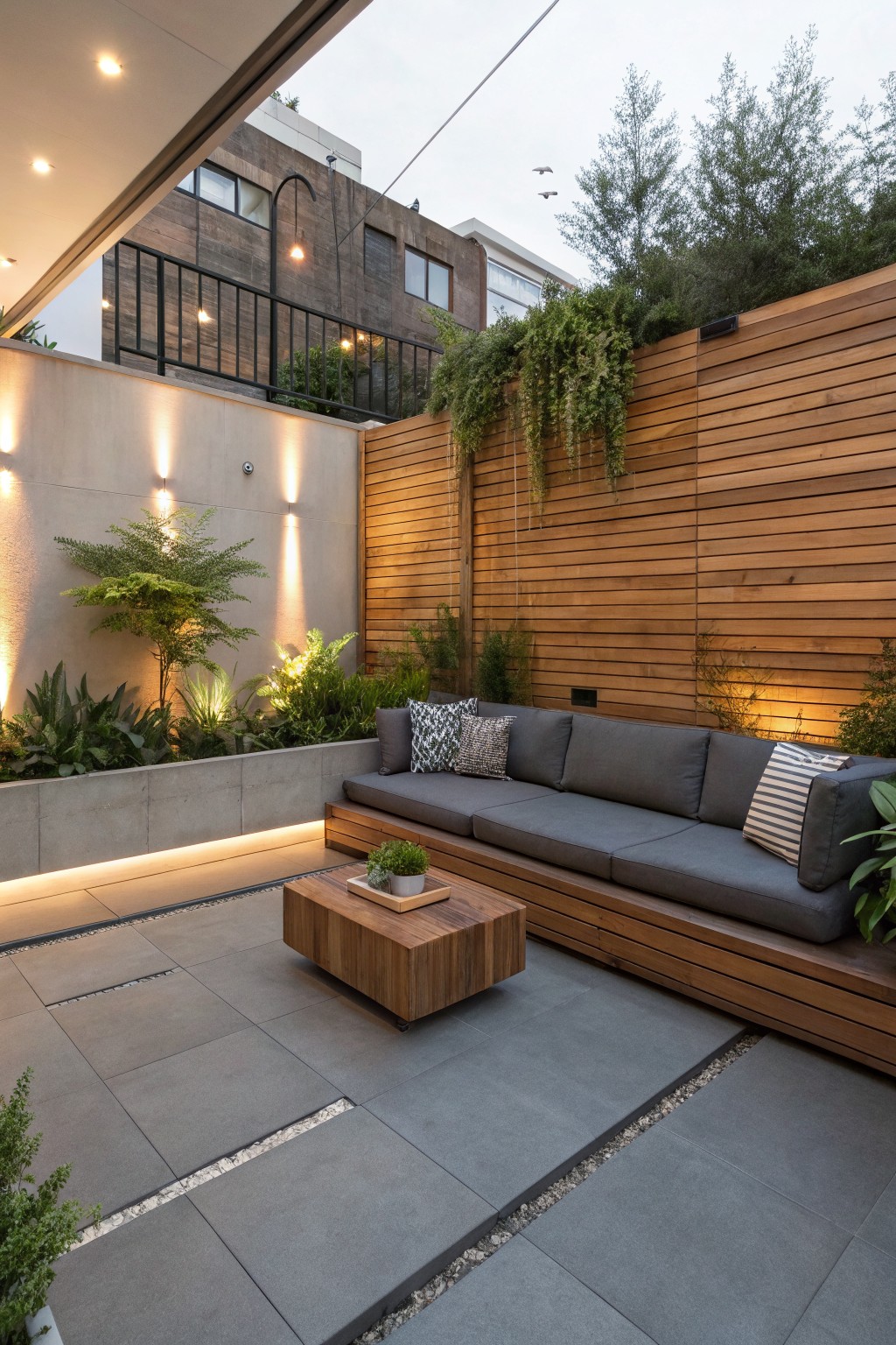 A modern outdoor patio with built-in wooden bench seating, gray cushions, a wooden coffee table, concrete tile flooring, and wood wall panels with plants.