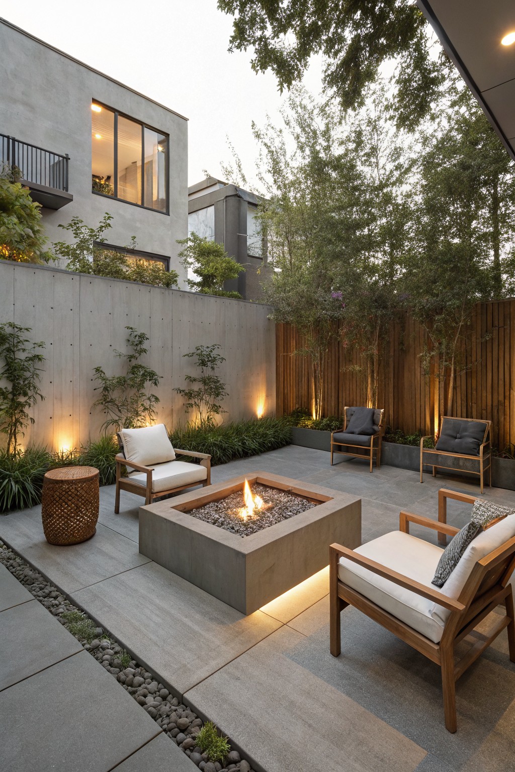 A modern outdoor patio featuring a square concrete fire pit with burning wood, surrounded by wooden armchairs with light cushions on a gray tiled surface.
