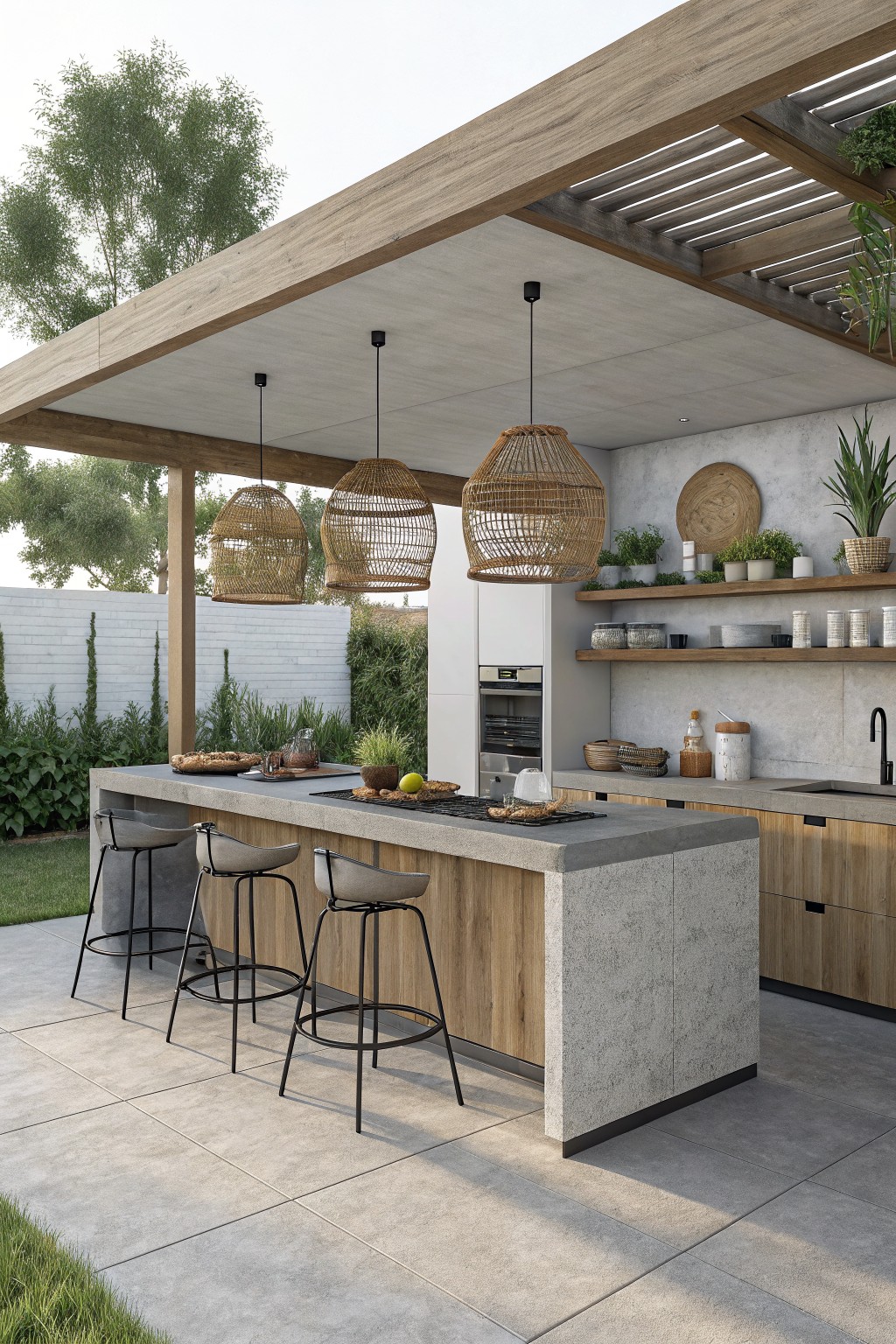An outdoor kitchen features a large concrete island with a wood base, three bar stools, woven pendant lights, and a wooden pergola overhead.