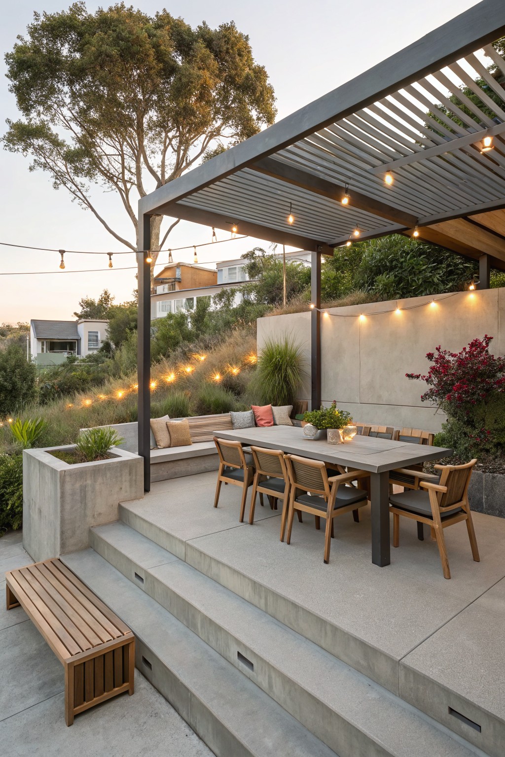 An outdoor concrete patio with a dining table and wooden chairs beneath a metal pergola fitted with string lights, steps leading up from a lower level, and a built-in bench along the back wall.