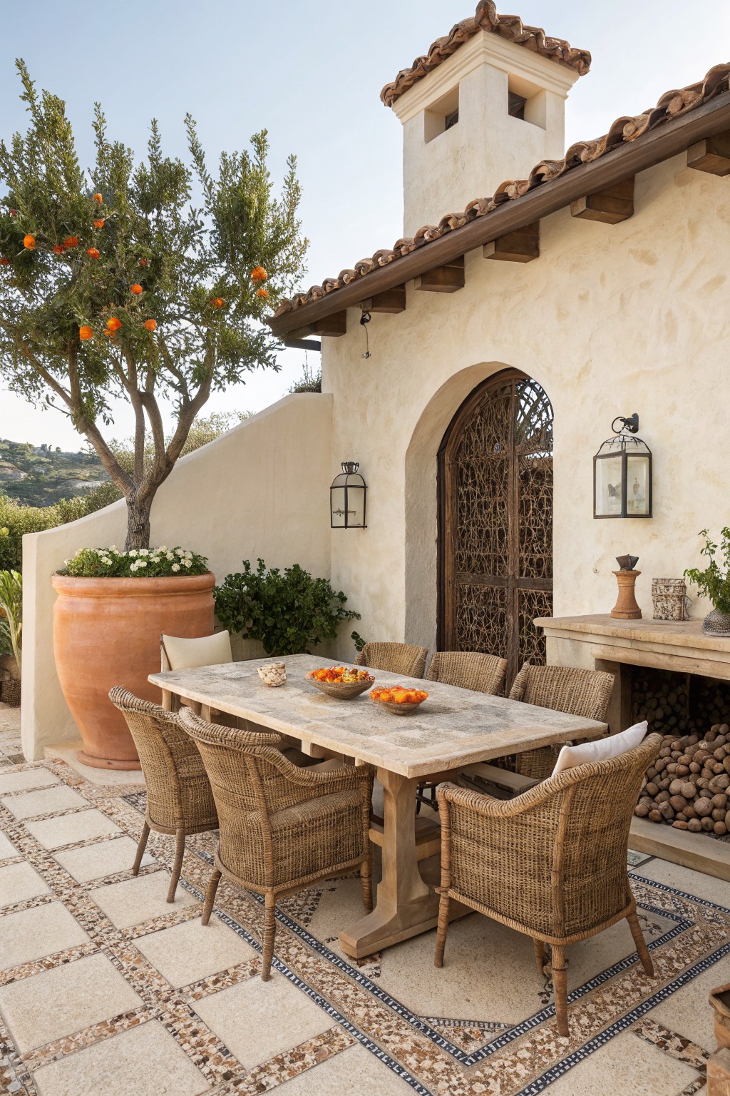 A long stone-top dining table with woven armchairs sits on a patterned tile patio beside a stucco house with an arched door and outdoor fireplace.