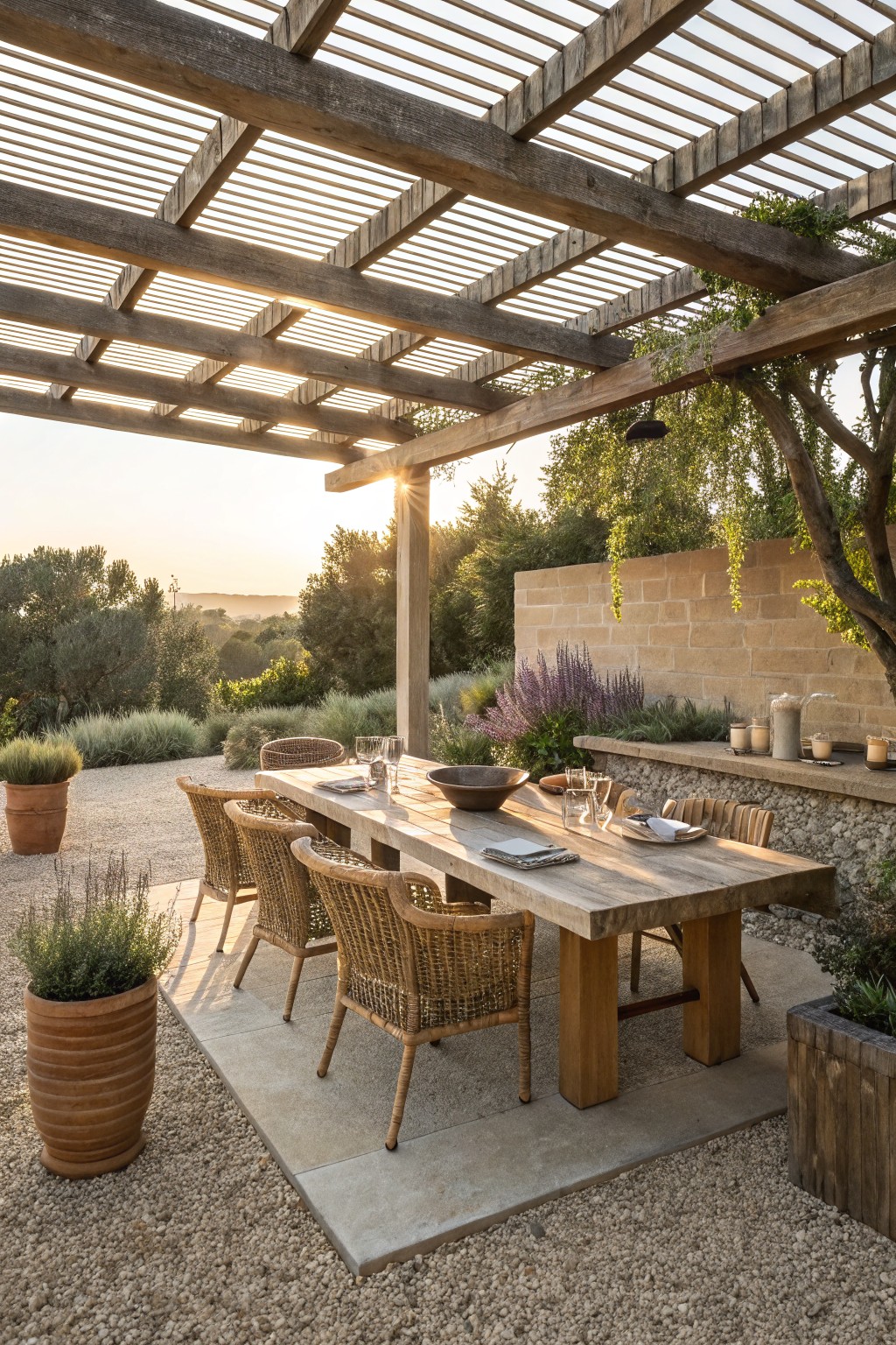 A wooden dining table with woven chairs is positioned under a slatted wooden pergola on a concrete pad in a gravel garden area with surrounding plants.