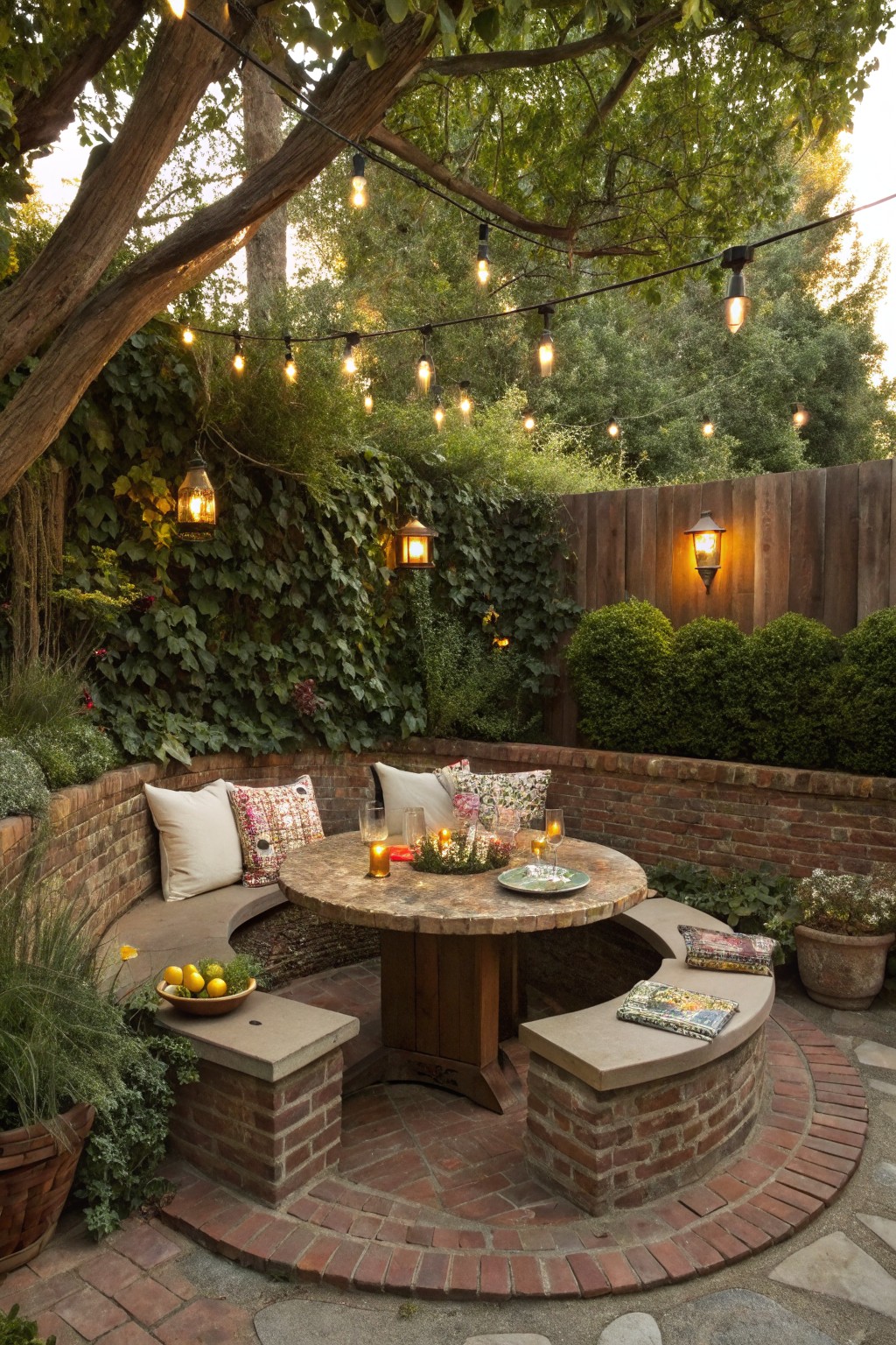 A round stone dining table with curved brick benches in a garden corner, surrounded by string lights and lanterns.