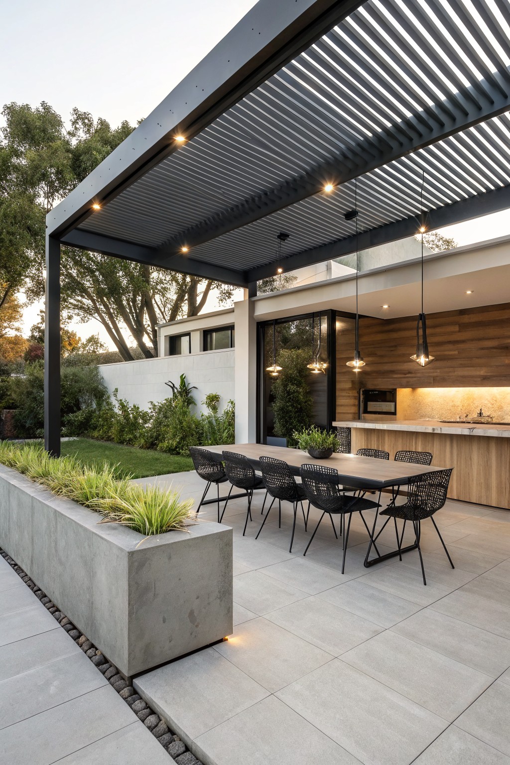 Outdoor patio dining area with a long table and black chairs under a modern slatted roof structure beside an outdoor kitchen.