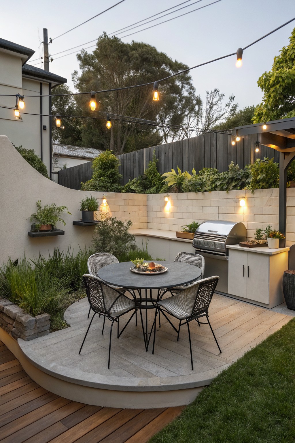 A round dining table with four chairs sits on a curved concrete patio next to a built-in grill station, with string lights overhead and plants along the walls.
