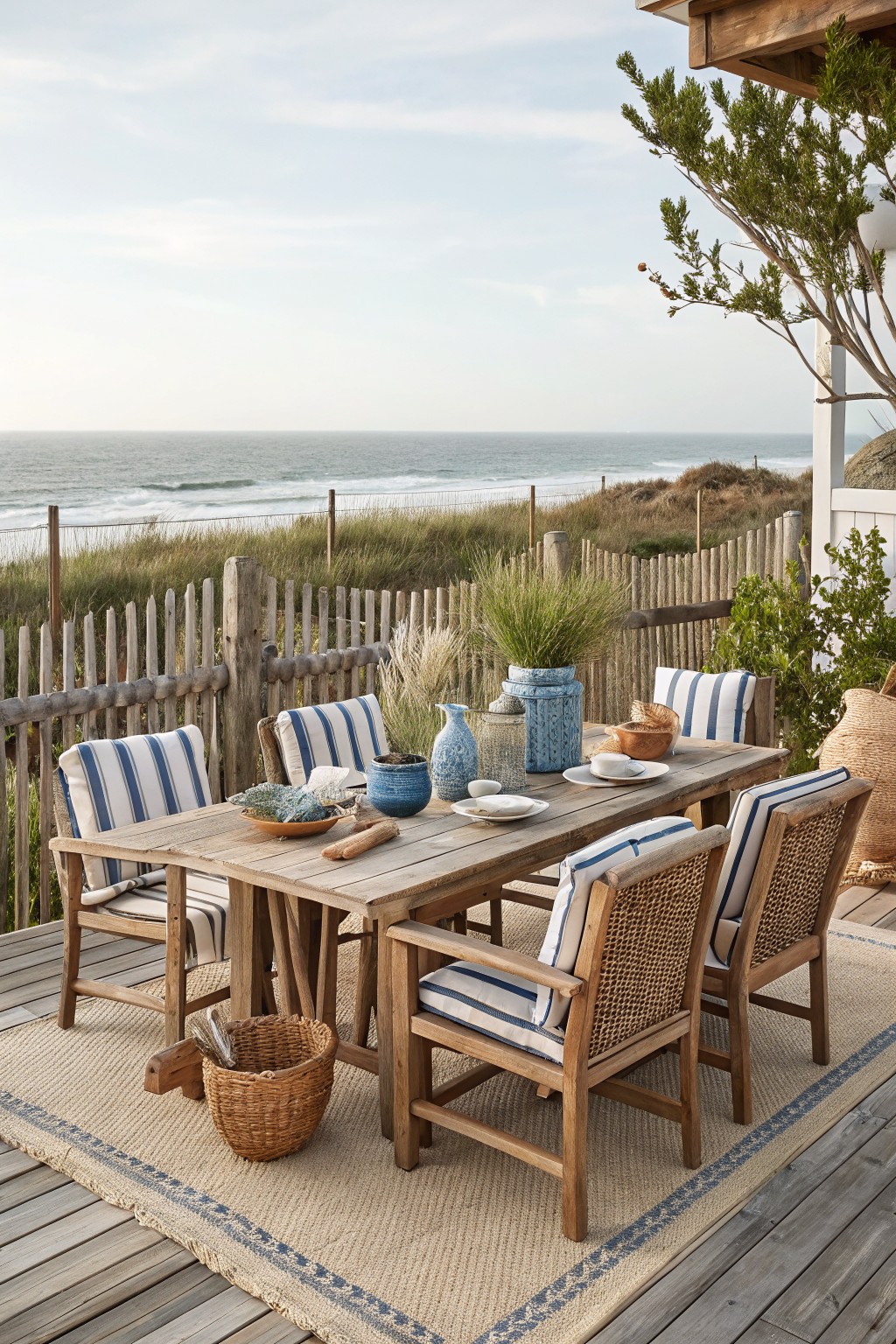 A wooden dining table and chairs arranged on a large woven rug on a deck overlooking the ocean.