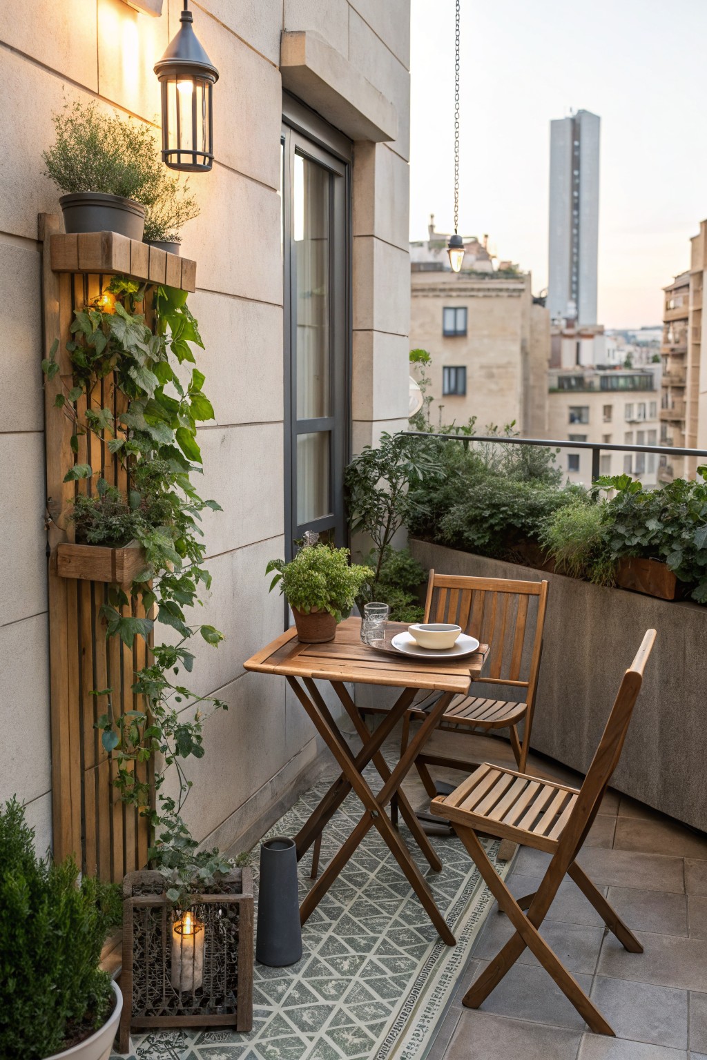 A small urban balcony featuring a wooden folding table set with two chairs, a few potted plants, and a view of city buildings.