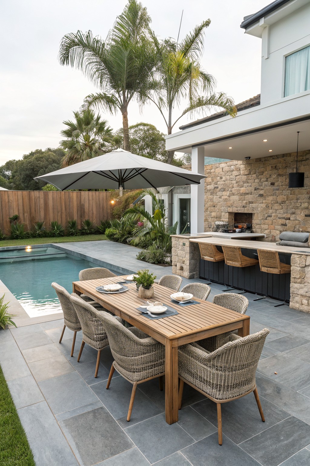 A long wooden dining table with woven chairs on a gray stone patio sits next to a stone and wood outdoor bar, with a large gray umbrella overhead and a pool visible to the left.