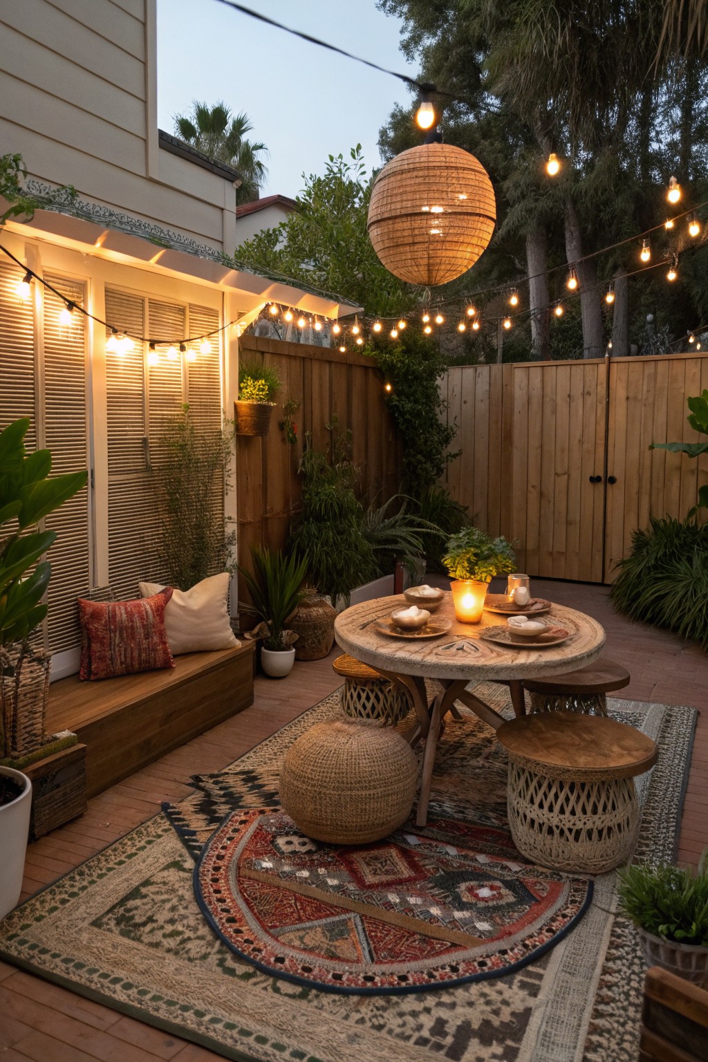 A backyard patio dining setup at dusk with a round wooden table, assorted stools and woven poufs, layered patterned rugs, string lights, and a large hanging lantern.