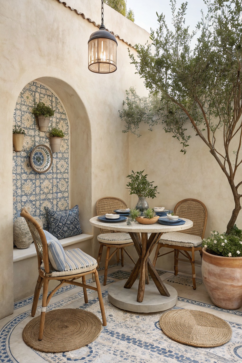 An outdoor dining area features a round stone table with blue plates, surrounded by wicker chairs and a built-in bench with cushions inside an arched alcove, with a hanging lantern overhead and potted plants nearby.
