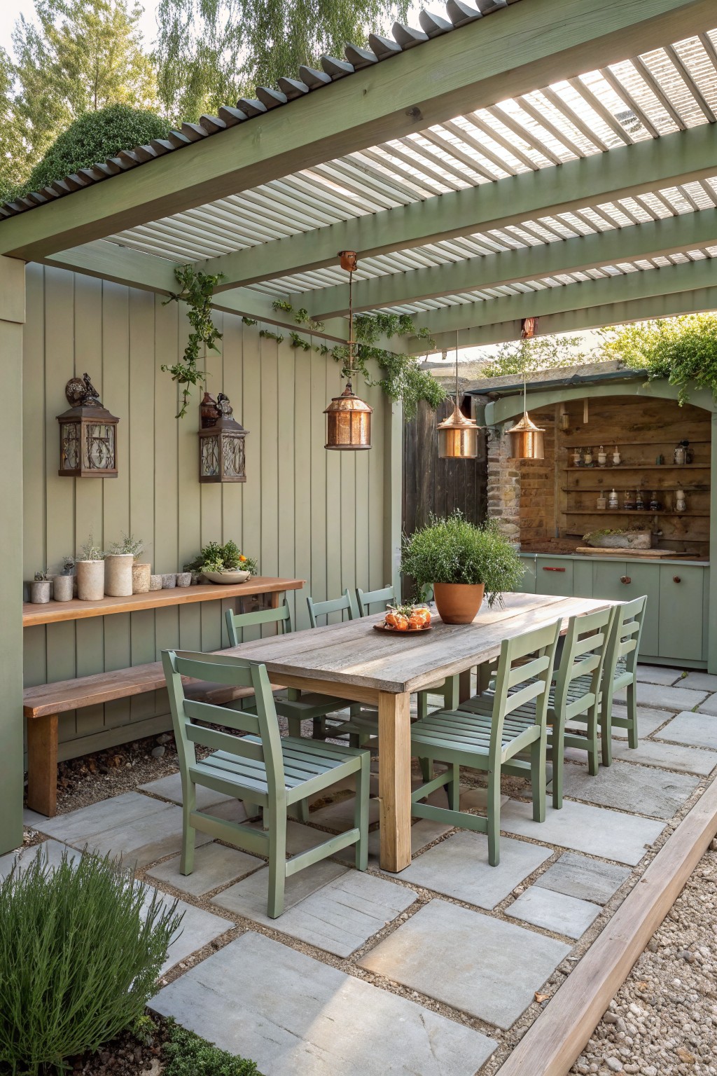 A long wooden dining table with green chairs is set under a green slatted pergola with copper pendant lights on a stone patio beside an outdoor kitchen.
