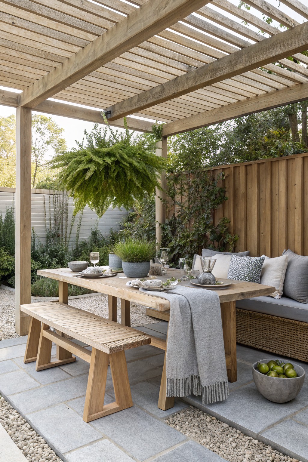 A wooden pergola shades a long outdoor dining table with bench seating, cushions, and tableware on a stone patio.