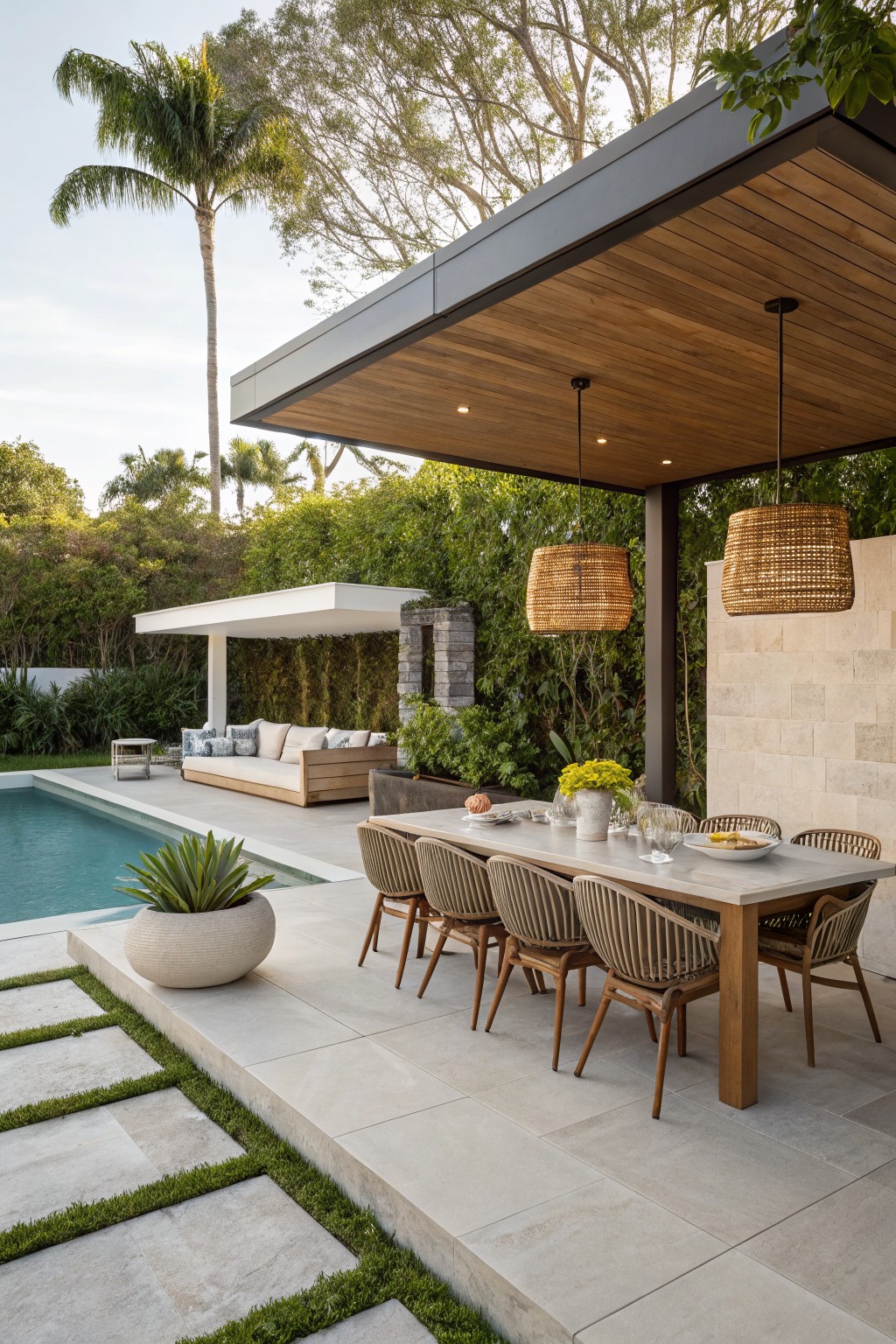 A long outdoor dining table with woven chairs sits under a wooden pergola with hanging lights next to a swimming pool.