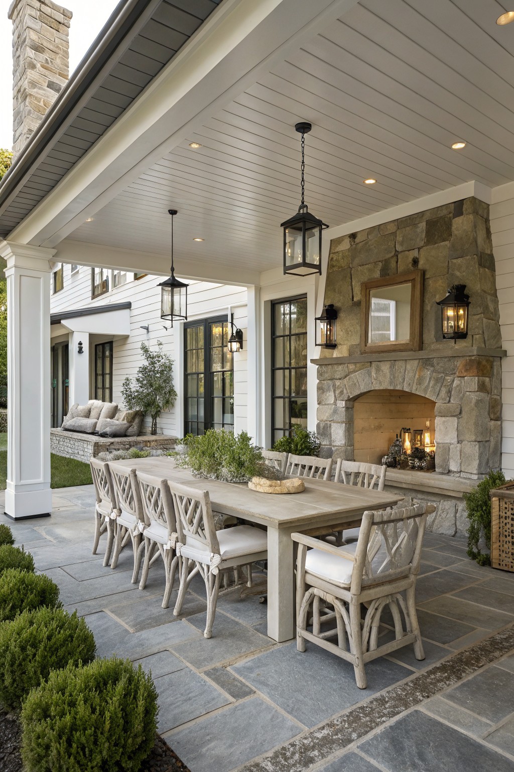 A covered stone patio with a long wooden dining table, multiple wooden chairs with cushions, and a large stone fireplace along one wall.