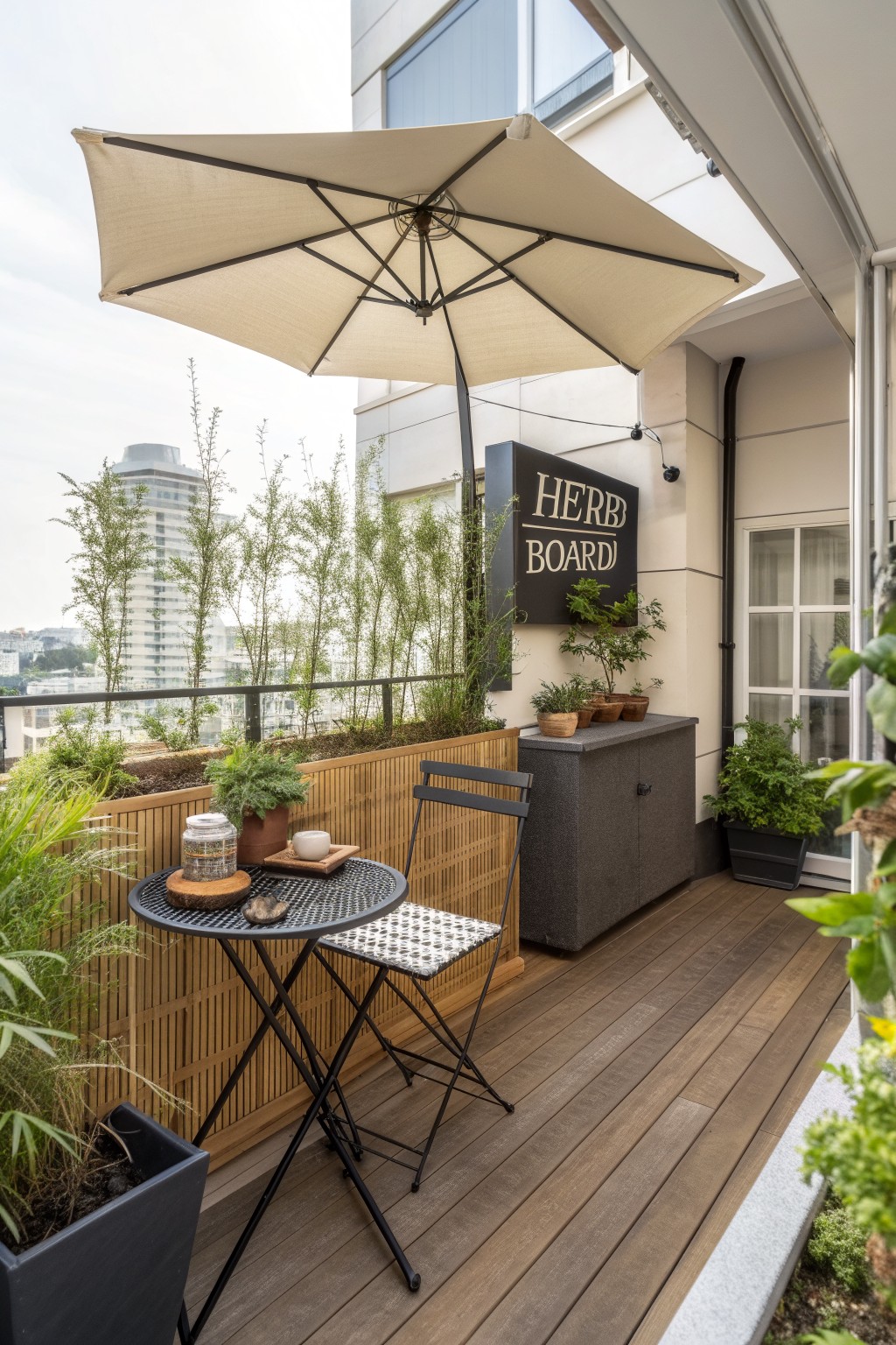 A round black metal table with two folding chairs sits under a large beige offset umbrella on a wooden balcony, with potted plants and a dark storage cabinet nearby.