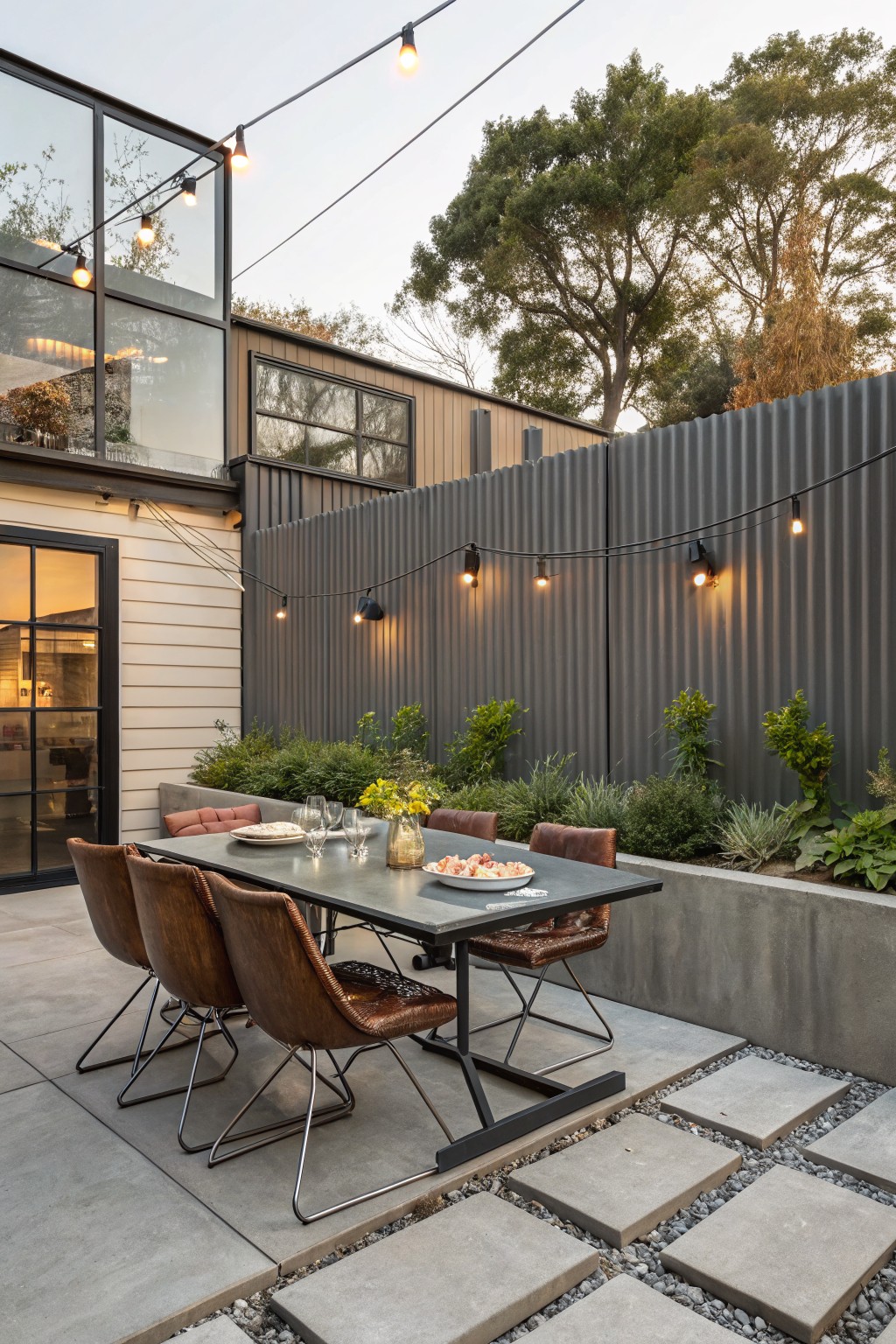 An outdoor patio with a long dining table, brown leather chairs, string lights overhead, and a concrete wall lined with plants.