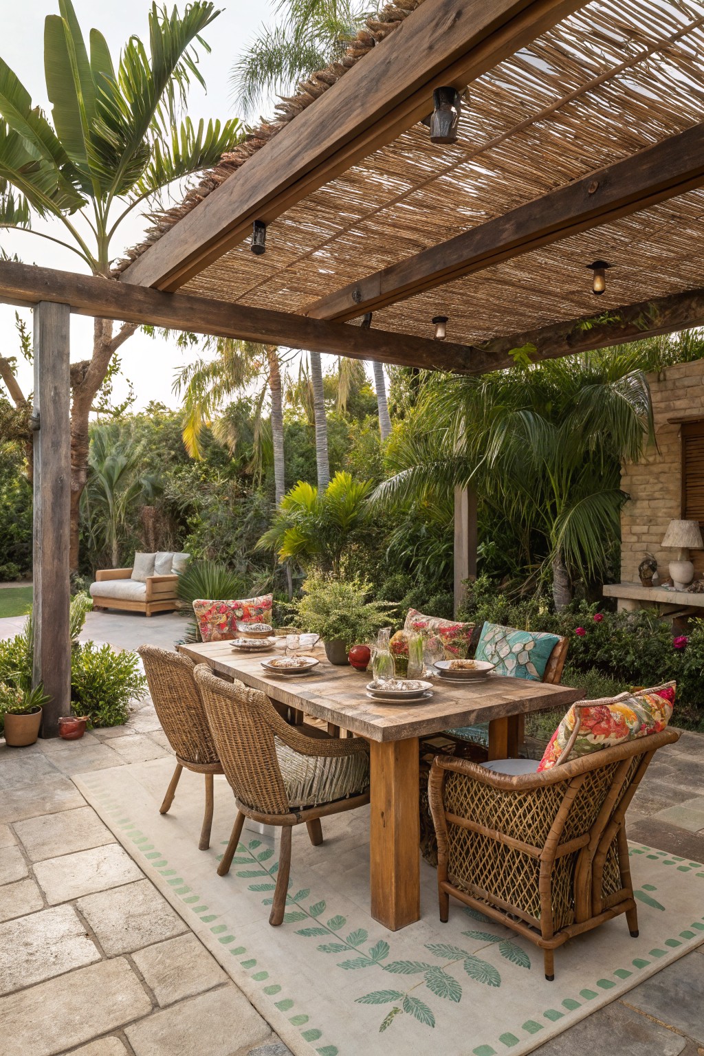 A wooden pergola with a thatched roof covers a rectangular dining table and wicker chairs on a patterned rug over stone pavers in a garden setting.