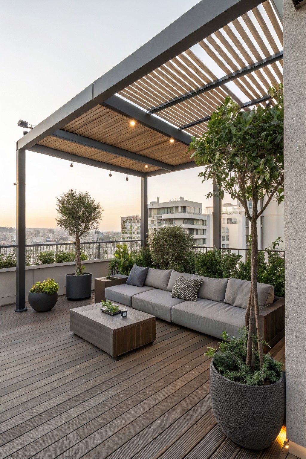 A modern rooftop patio featuring an L-shaped gray sectional sofa, a wooden coffee table, multiple potted trees and plants, and a slatted pergola overhead with city buildings in the background.