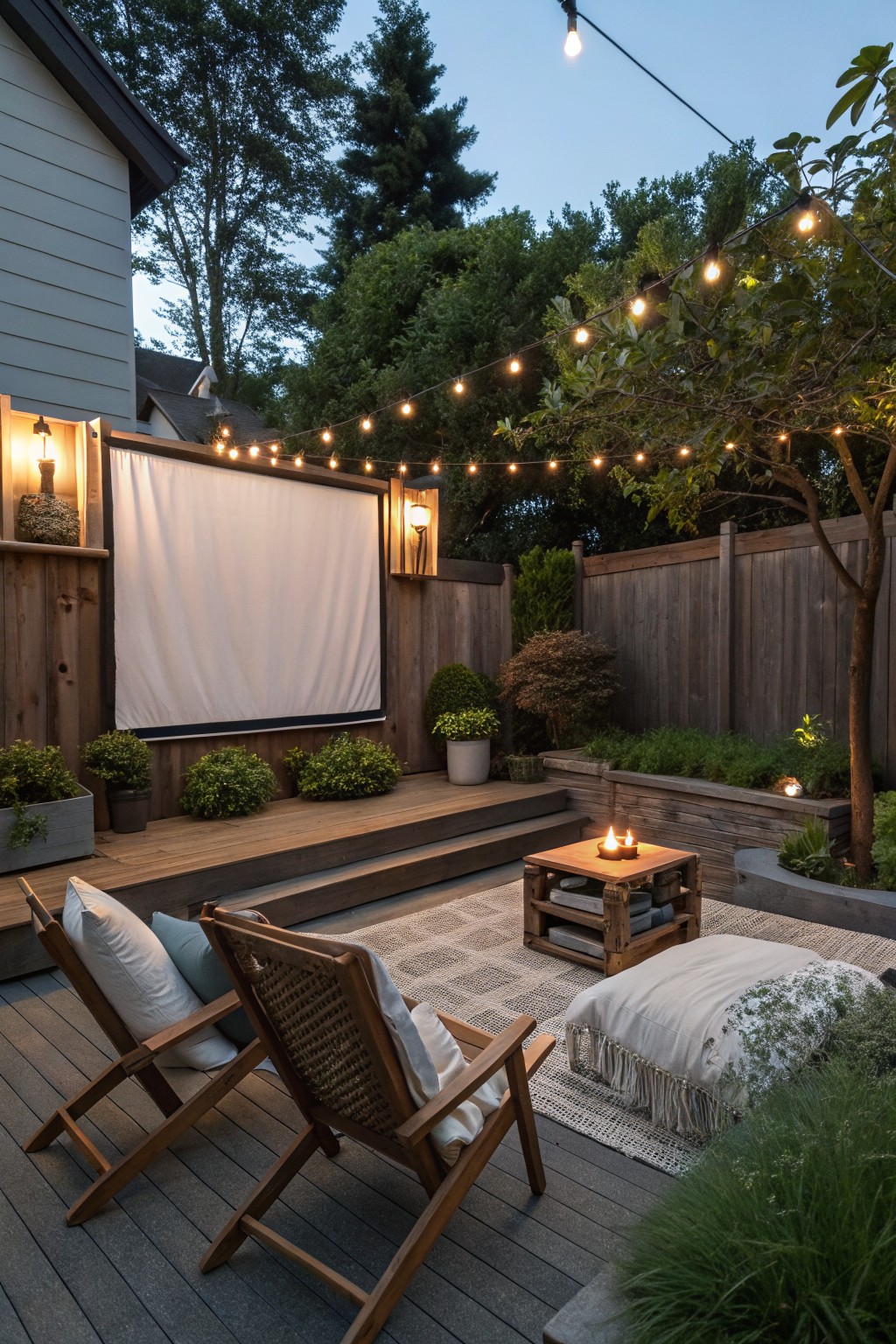A compact backyard patio at dusk with a large white projector screen on a raised wooden deck, string lights strung overhead, and wooden lounge chairs arranged on a woven rug.