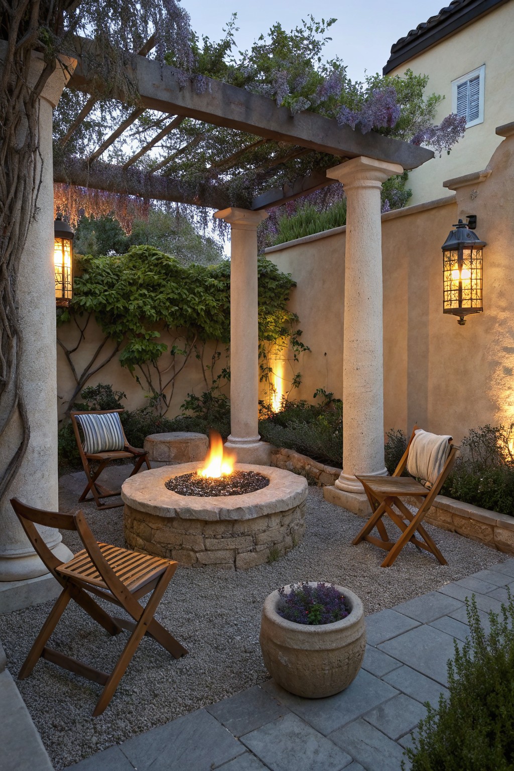 A small courtyard patio with a round stone fire pit burning at the center, wooden folding chairs placed around it on gravel, and a pergola with columns overhead.