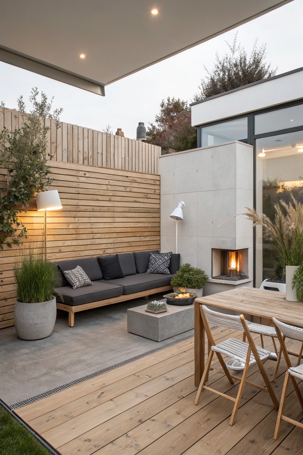 Outdoor patio with a concrete built-in fireplace, gray sofa on a large rug, wooden dining table with chairs, and potted plants along the edges.