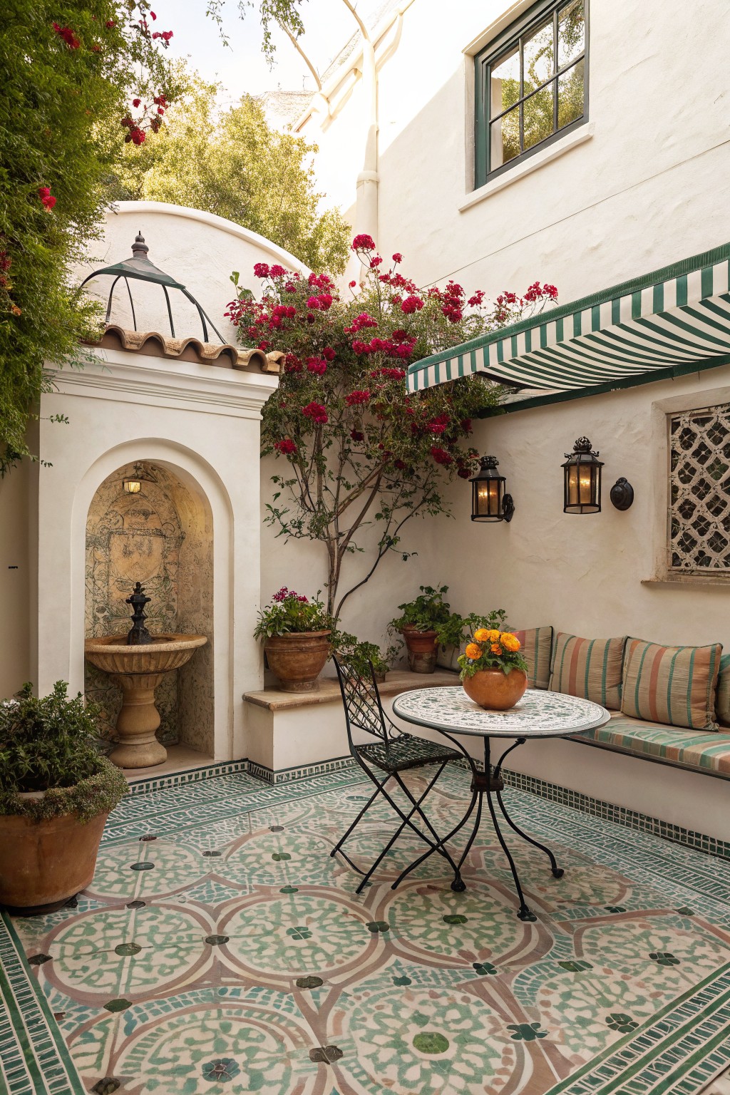 A compact courtyard patio with patterned tile flooring, a built-in bench with striped cushions along one wall, a round table with two chairs, potted plants, a fountain in an arched niche, and a green and white striped awning overhead.