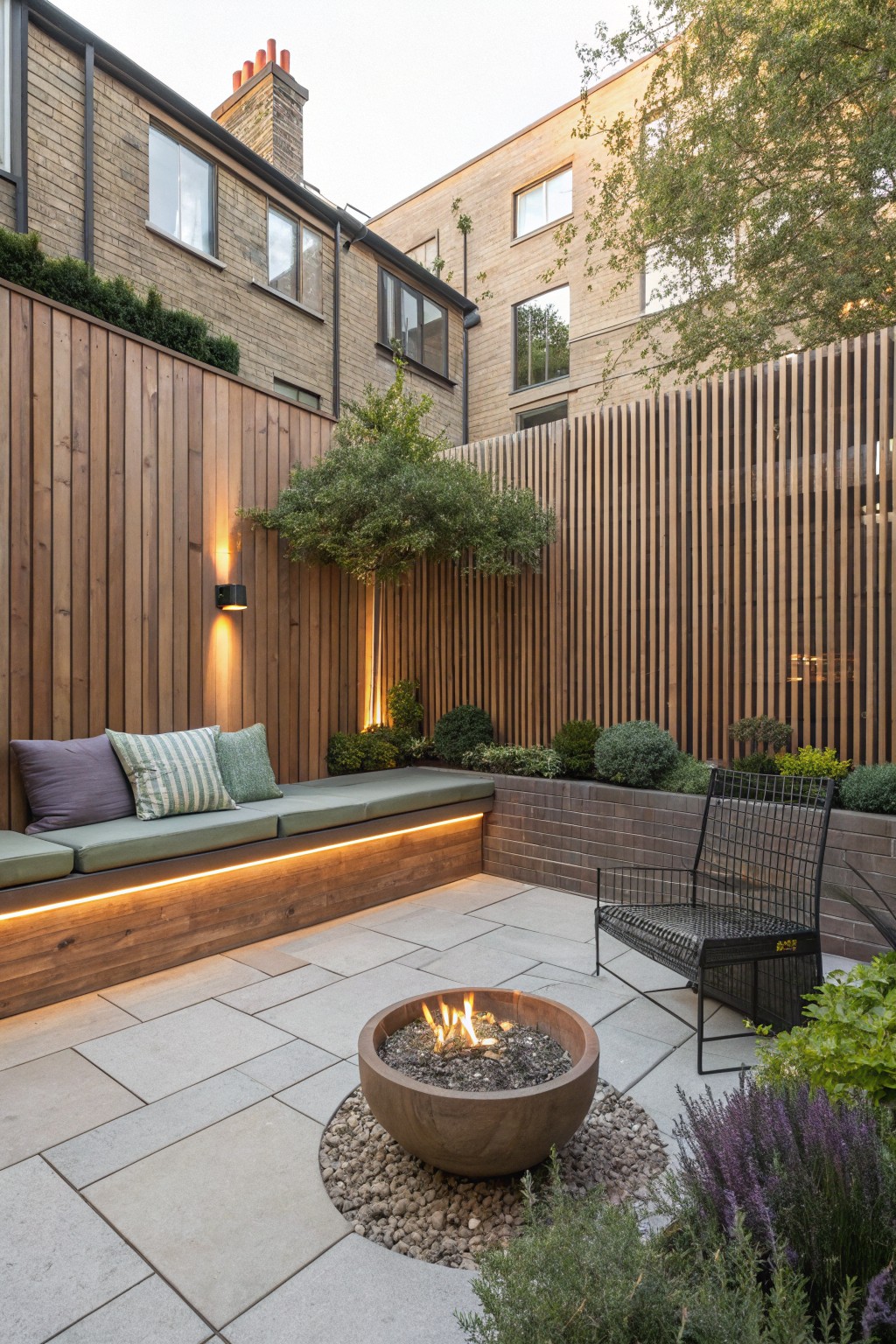 Modern courtyard with fire pit, cushioned bench, wire chair, and lush plants.