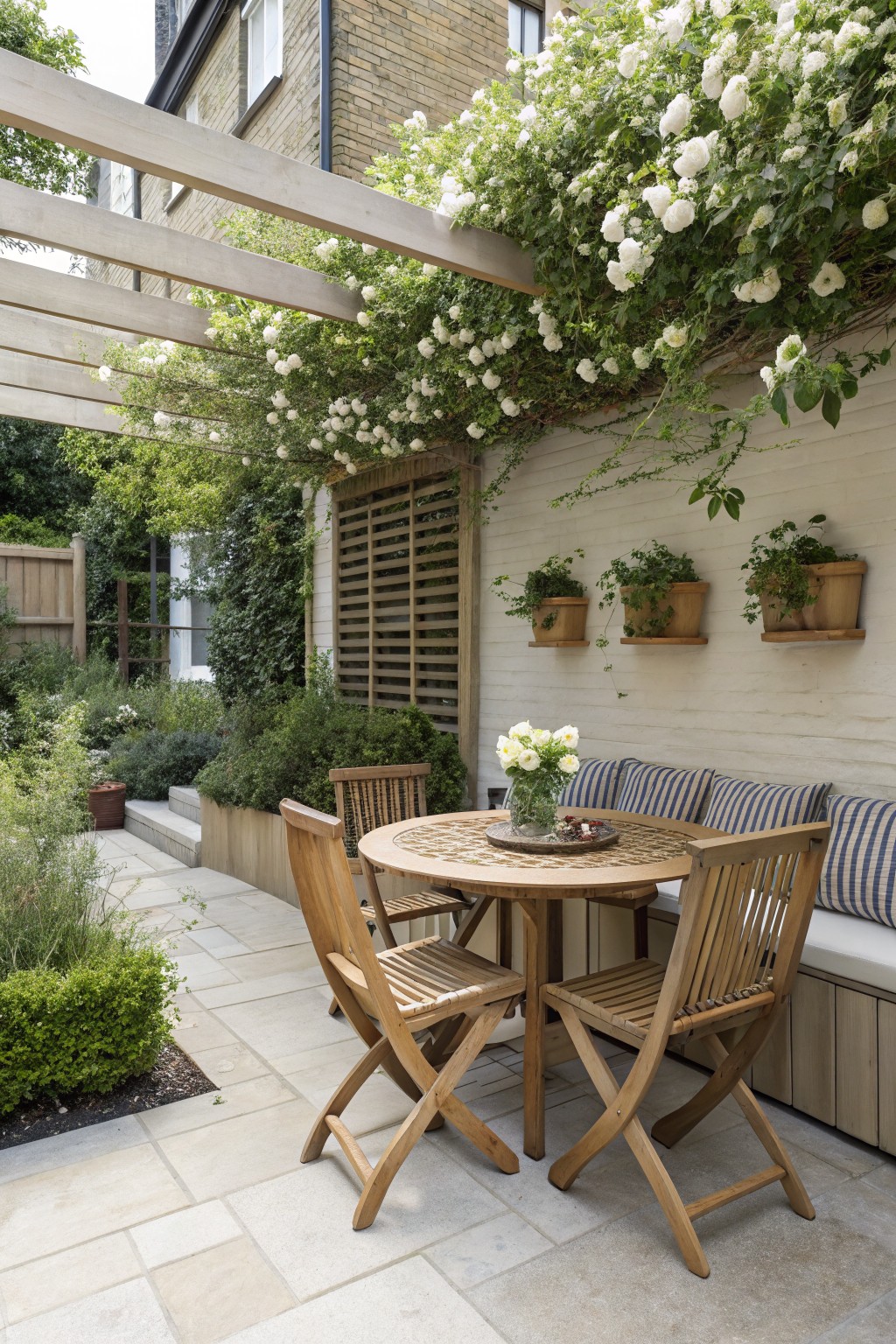 A compact patio with a round wooden table, several folding chairs, a built-in bench with blue striped cushions against a white wall, wall-mounted planters, and a pergola covered in white climbing roses.